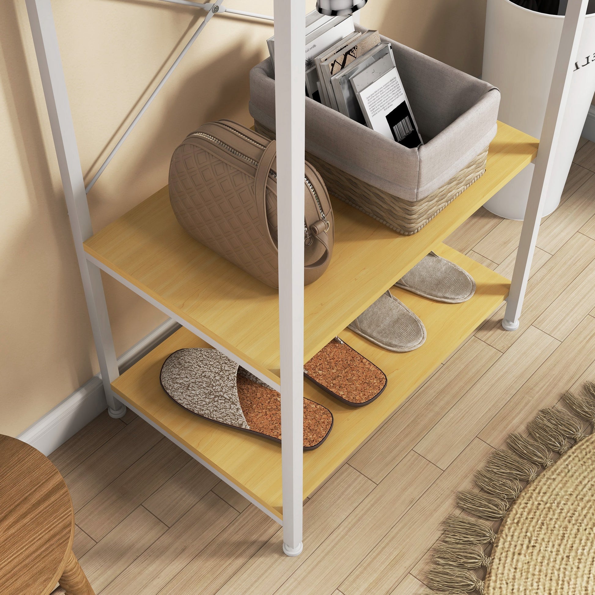 Coat Rack with Shoe Storage Entryway Coat Stand with Hanging Rail and 2 Storage Shelves for Hallway Bedroom 60x40x167.5 cm Natural and White