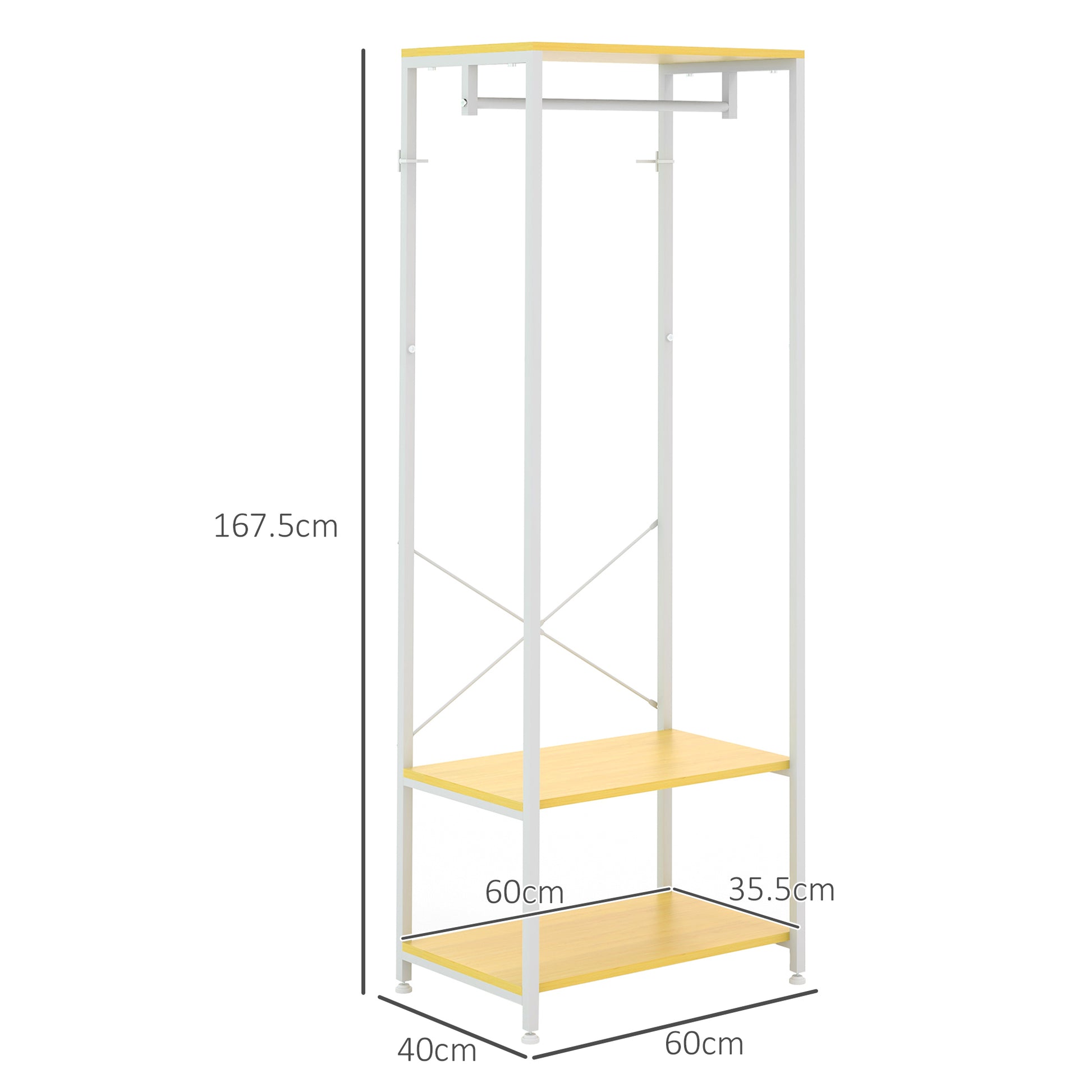 Coat Rack with Shoe Storage Entryway Coat Stand with Hanging Rail and 2 Storage Shelves for Hallway Bedroom 60x40x167.5 cm Natural and White