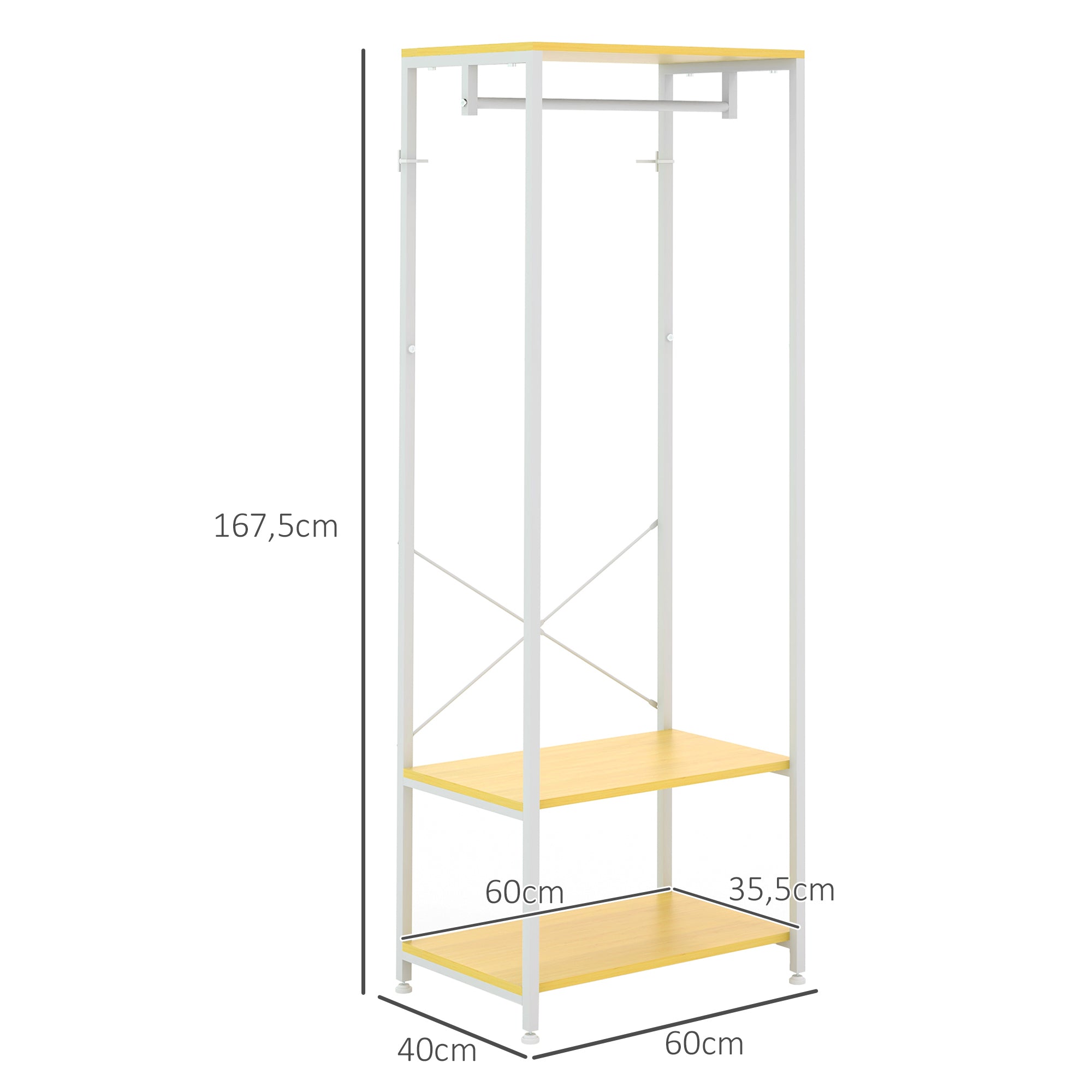 Coat Rack with Shoe Storage Entryway Coat Stand with Hanging Rail and 2 Storage Shelves for Hallway Bedroom 60x40x167.5 cm Natural and White