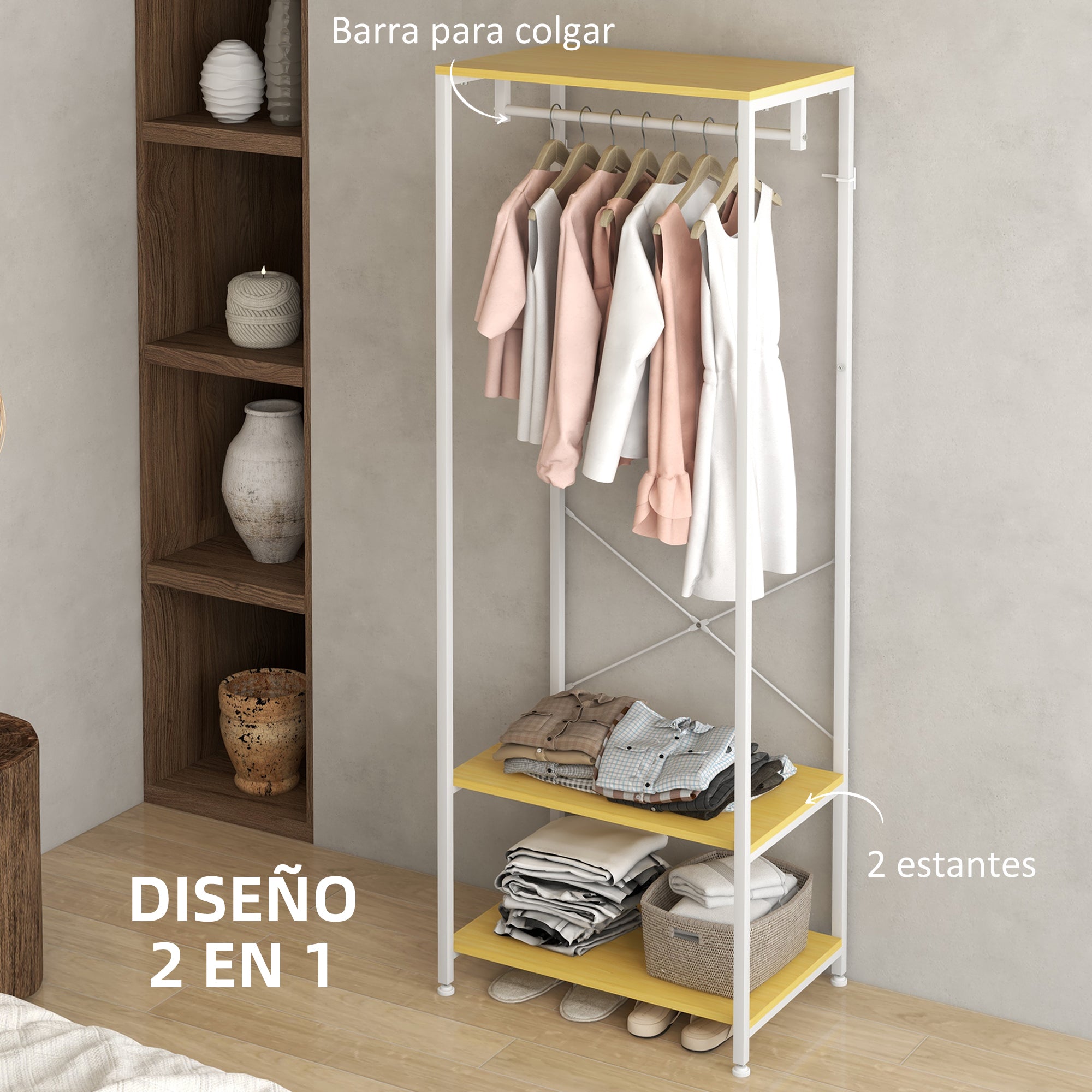 Coat Rack with Shoe Storage Entryway Coat Stand with Hanging Rail and 2 Storage Shelves for Hallway Bedroom 60x40x167.5 cm Natural and White