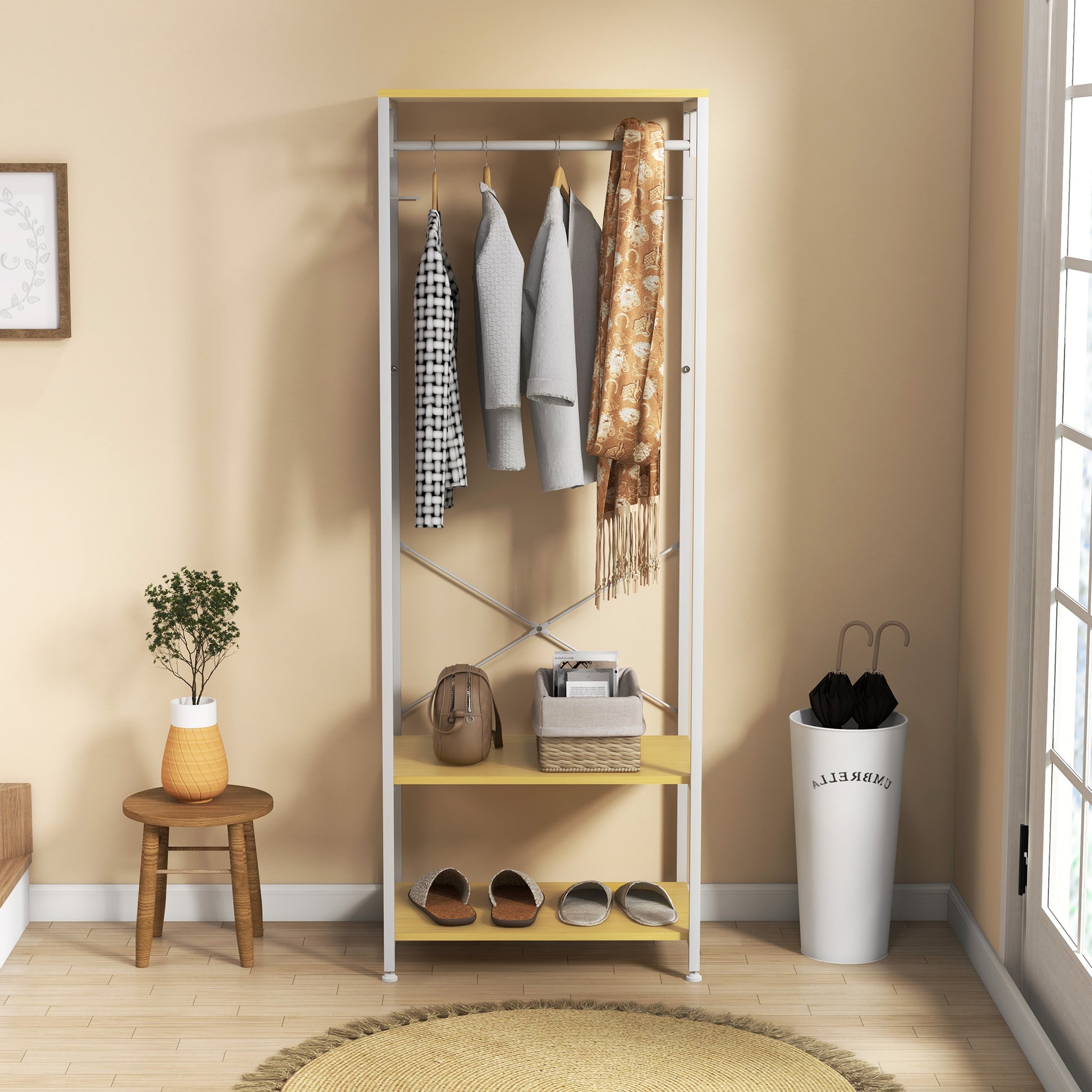 Coat Rack with Shoe Storage Entryway Coat Stand with Hanging Rail and 2 Storage Shelves for Hallway Bedroom 60x40x167.5 cm Natural and White