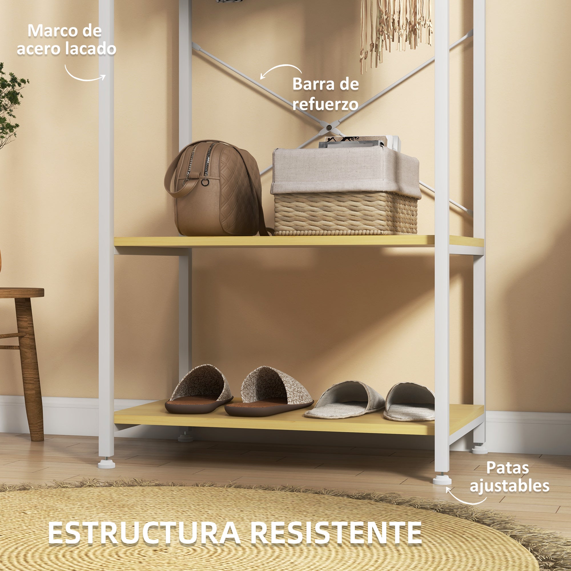Coat Rack with Shoe Storage Entryway Coat Stand with Hanging Rail and 2 Storage Shelves for Hallway Bedroom 60x40x167.5 cm Natural and White