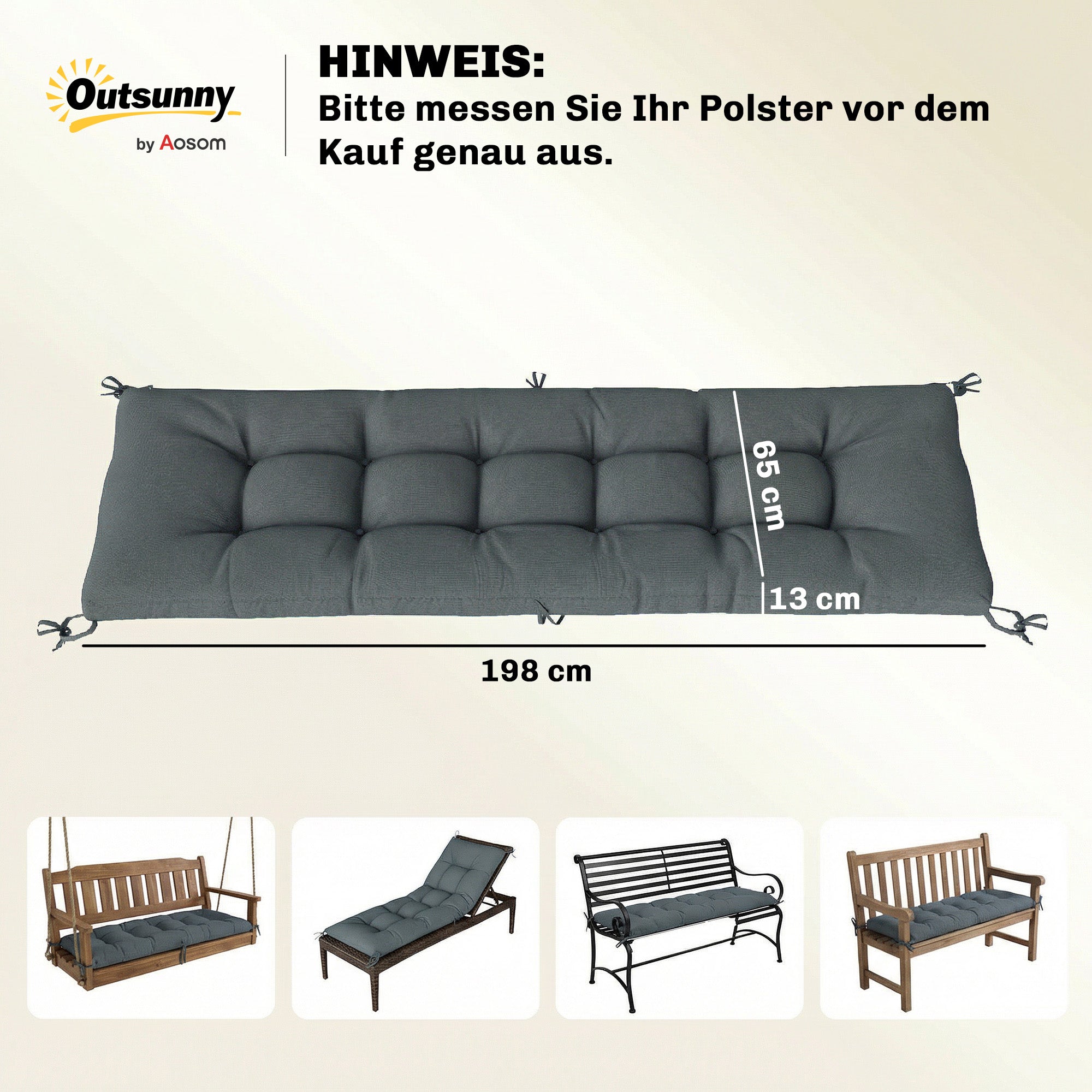 Pallet Cushion — Removable Seat Pad with Tie Straps for Most Loungers, 198 x 65 x 13 cm (78 x 25.6 x 5.1 in) — Dark Gray