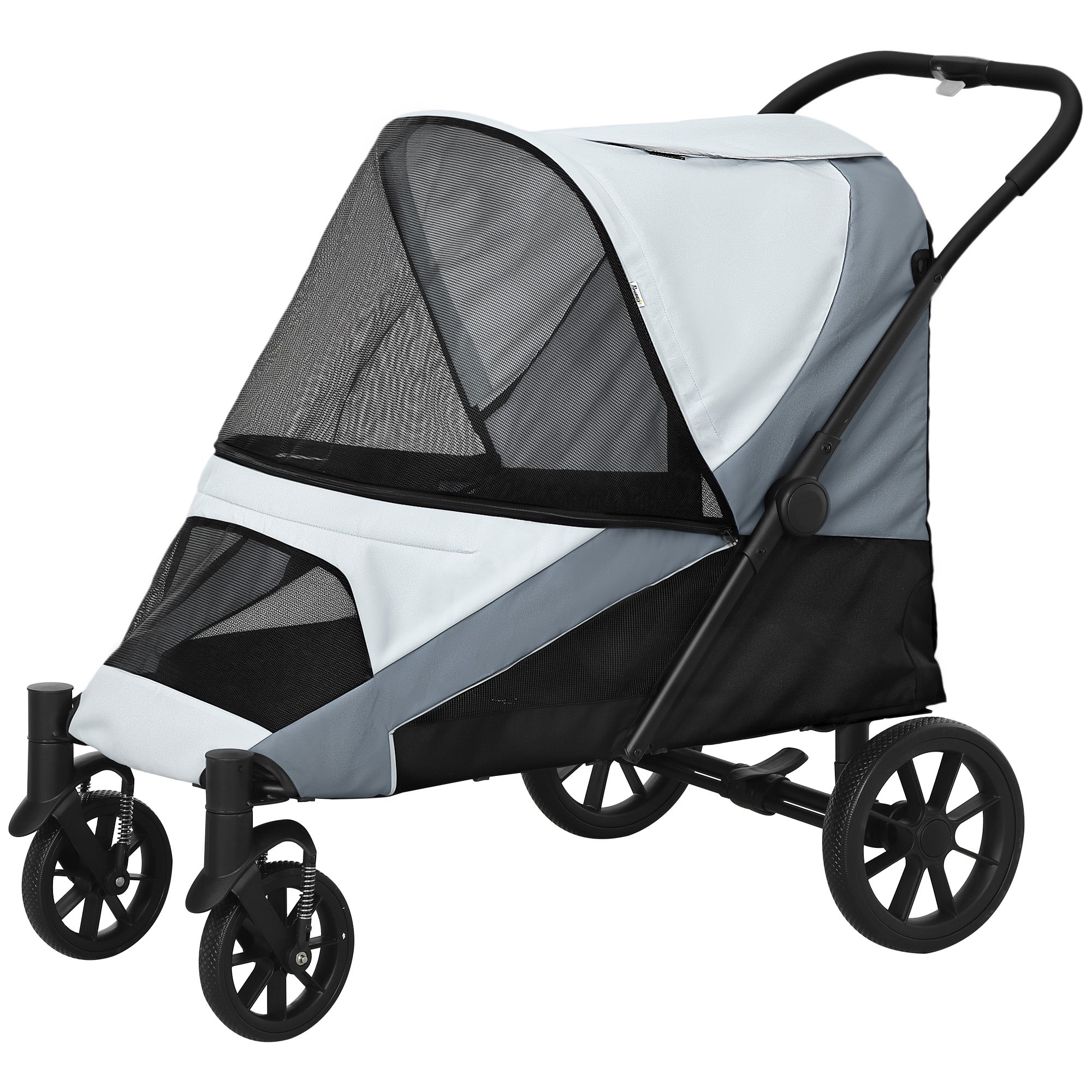 Dog Buggy Foldable Pet Stroller for Large Dogs & Cats up to 30 kg Cat Stroller with Cushion Mesh Windows Doors Storage Bag Cat Carriage with Safety Leashes, Brakes, Gray
