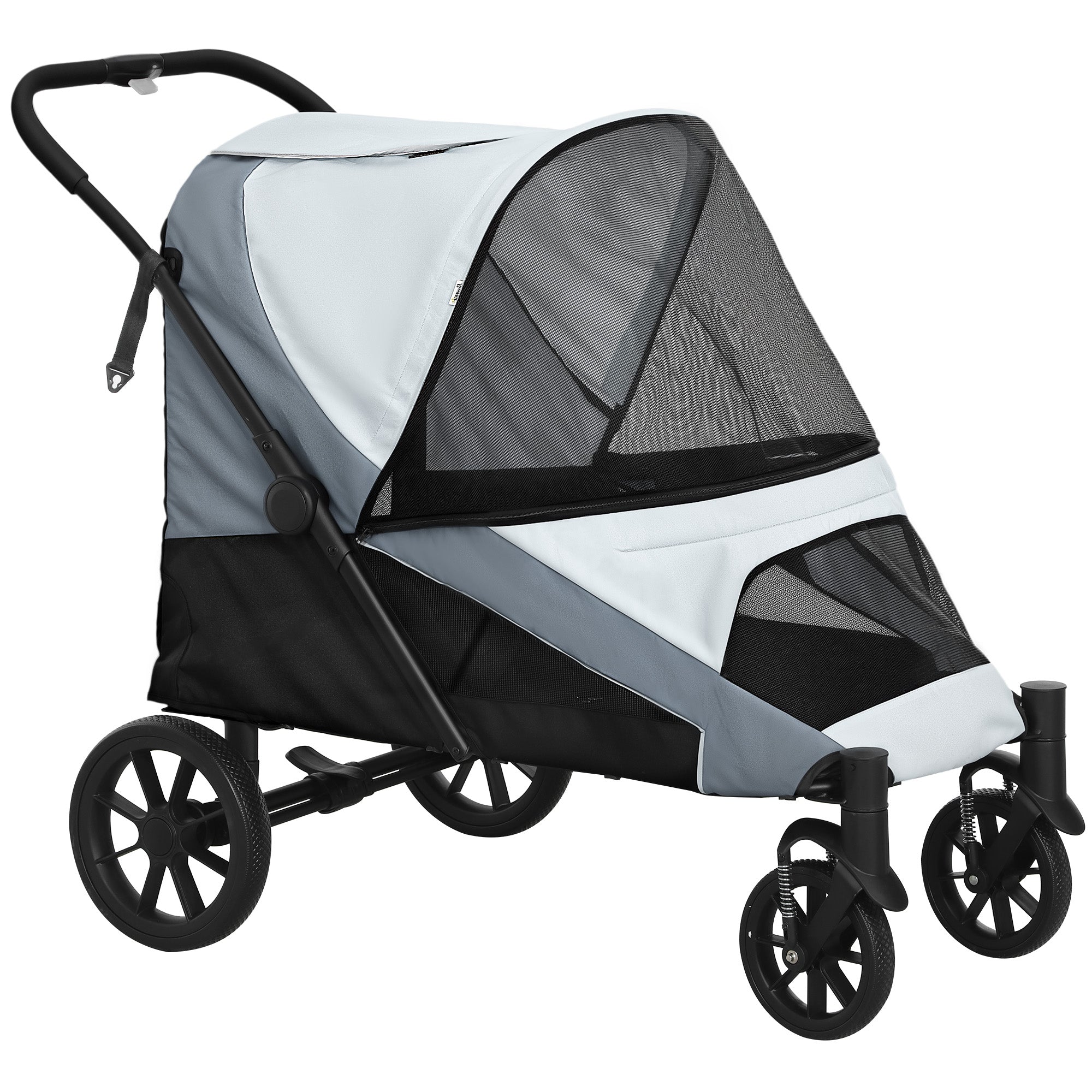 Dog Buggy Foldable Pet Stroller for Large Dogs & Cats up to 30 kg Cat Stroller with Cushion Mesh Windows Doors Storage Bag Cat Carriage with Safety Leashes, Brakes, Gray