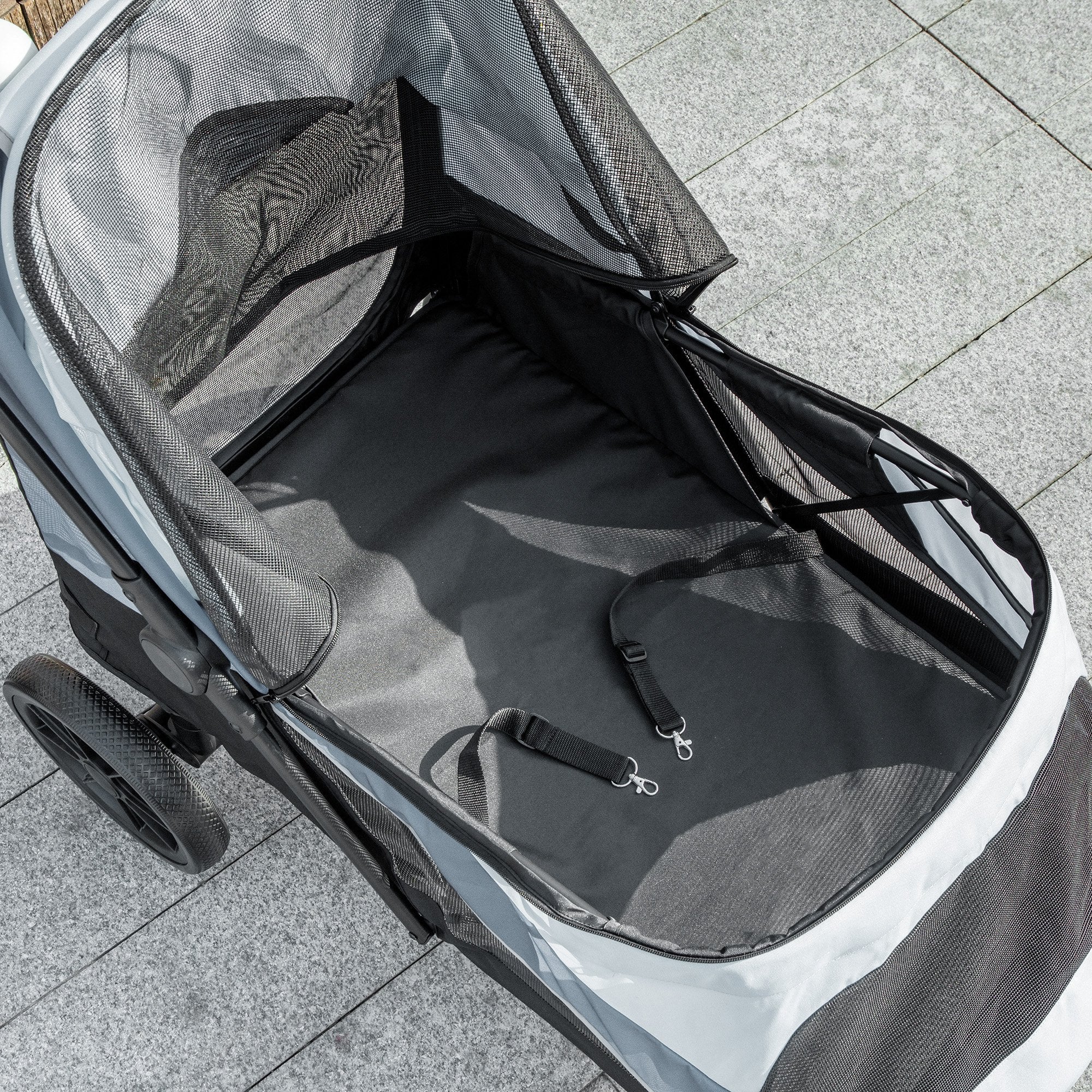 Dog Buggy Foldable Pet Stroller for Large Dogs & Cats up to 30 kg Cat Stroller with Cushion Mesh Windows Doors Storage Bag Cat Carriage with Safety Leashes, Brakes, Gray