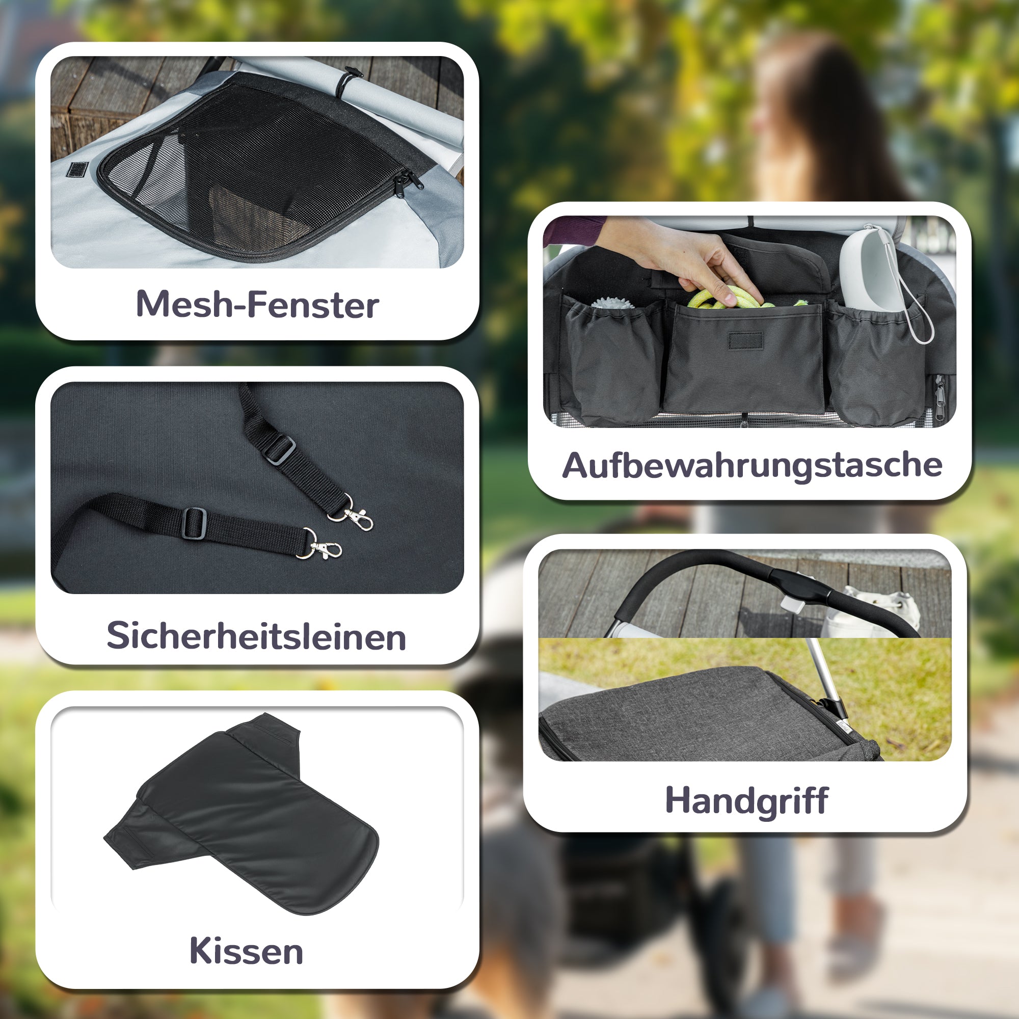 Dog Buggy Foldable Pet Stroller for Large Dogs & Cats up to 30 kg Cat Stroller with Cushion Mesh Windows Doors Storage Bag Cat Carriage with Safety Leashes, Brakes, Gray