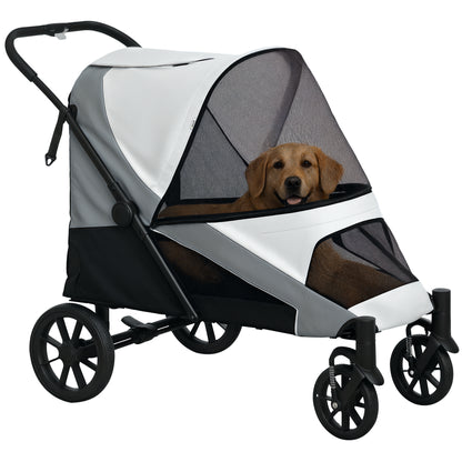 Dog Buggy Foldable Pet Stroller for Large Dogs & Cats up to 30 kg Cat Stroller with Cushion Mesh Windows Doors Storage Bag Cat Carriage with Safety Leashes, Brakes, Gray