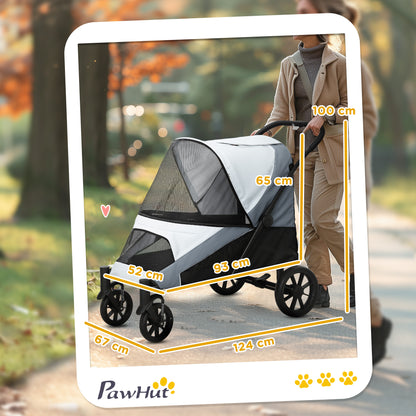 Dog Buggy Foldable Pet Stroller for Large Dogs & Cats up to 30 kg Cat Stroller with Cushion Mesh Windows Doors Storage Bag Cat Carriage with Safety Leashes, Brakes, Gray