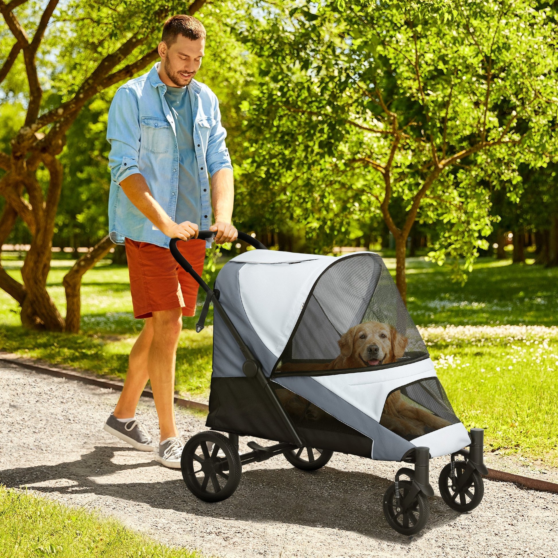 Dog Buggy Foldable Pet Stroller for Large Dogs & Cats up to 30 kg Cat Stroller with Cushion Mesh Windows Doors Storage Bag Cat Carriage with Safety Leashes, Brakes, Gray
