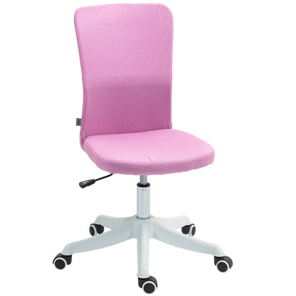 Armless Office Chair Swivel Desk Chair Upholstered in Synthetic Linen with Adjustable Height for Study Bedroom Vanity Load 120 kg Pink