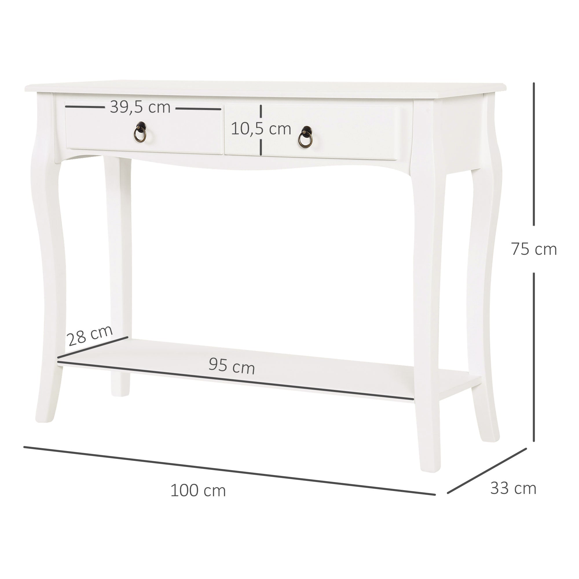 Console Table Sideboard for Living Room Entryway Accent Table with Drawers and Shelf Elegant Design 100x33x75cm White Gloss Wood Color