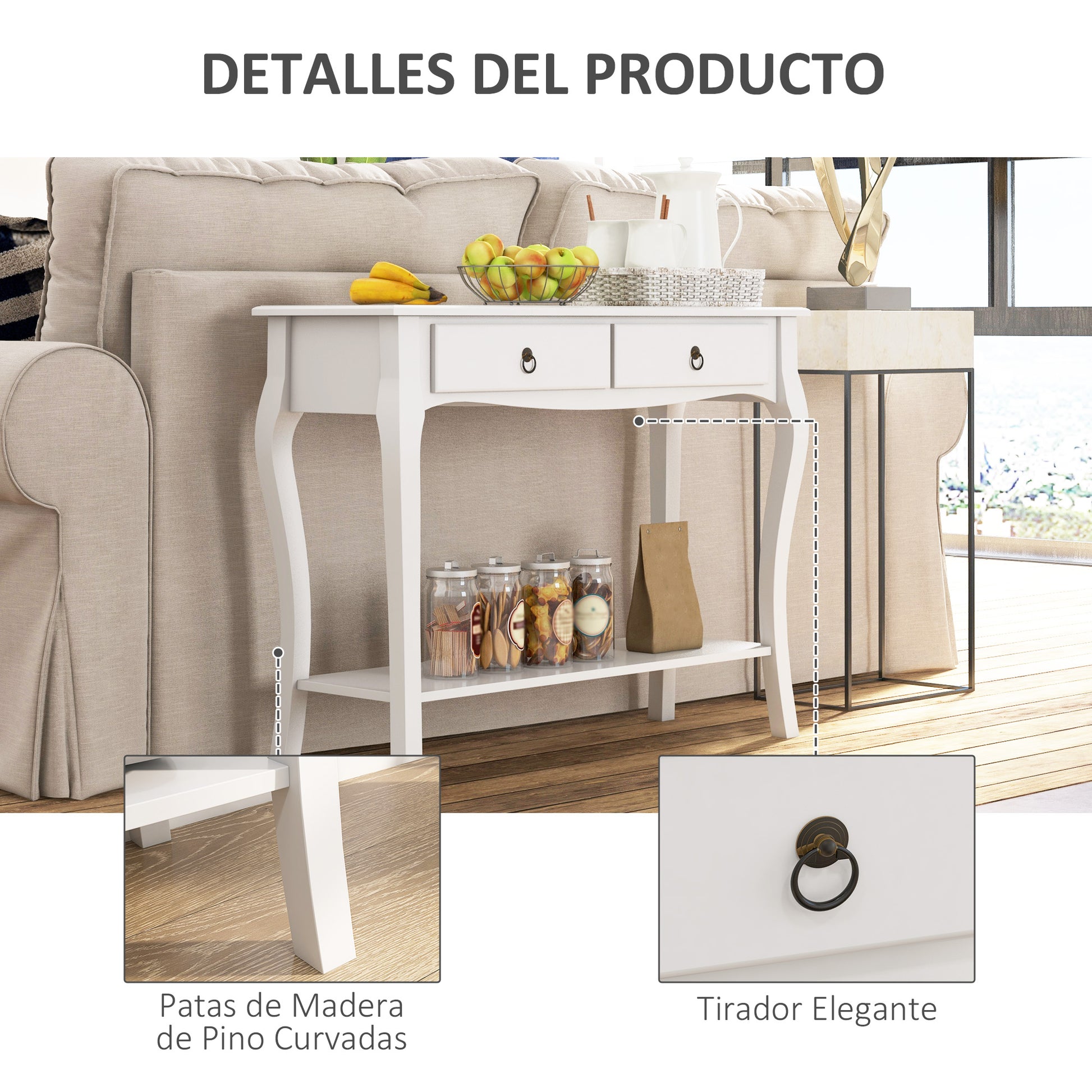 Console Table Sideboard for Living Room Entryway Accent Table with Drawers and Shelf Elegant Design 100x33x75cm White Gloss Wood Color