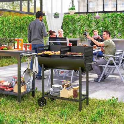 Charcoal BBQ with Adjustable Height Grill for Outdoor Portable BBQ with Storage Shelf and Wheels 90x45x96 cm Black