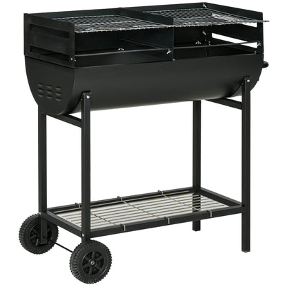 Charcoal BBQ with Adjustable Height Grill for Outdoor Portable BBQ with Storage Shelf and Wheels 90x45x96 cm Black