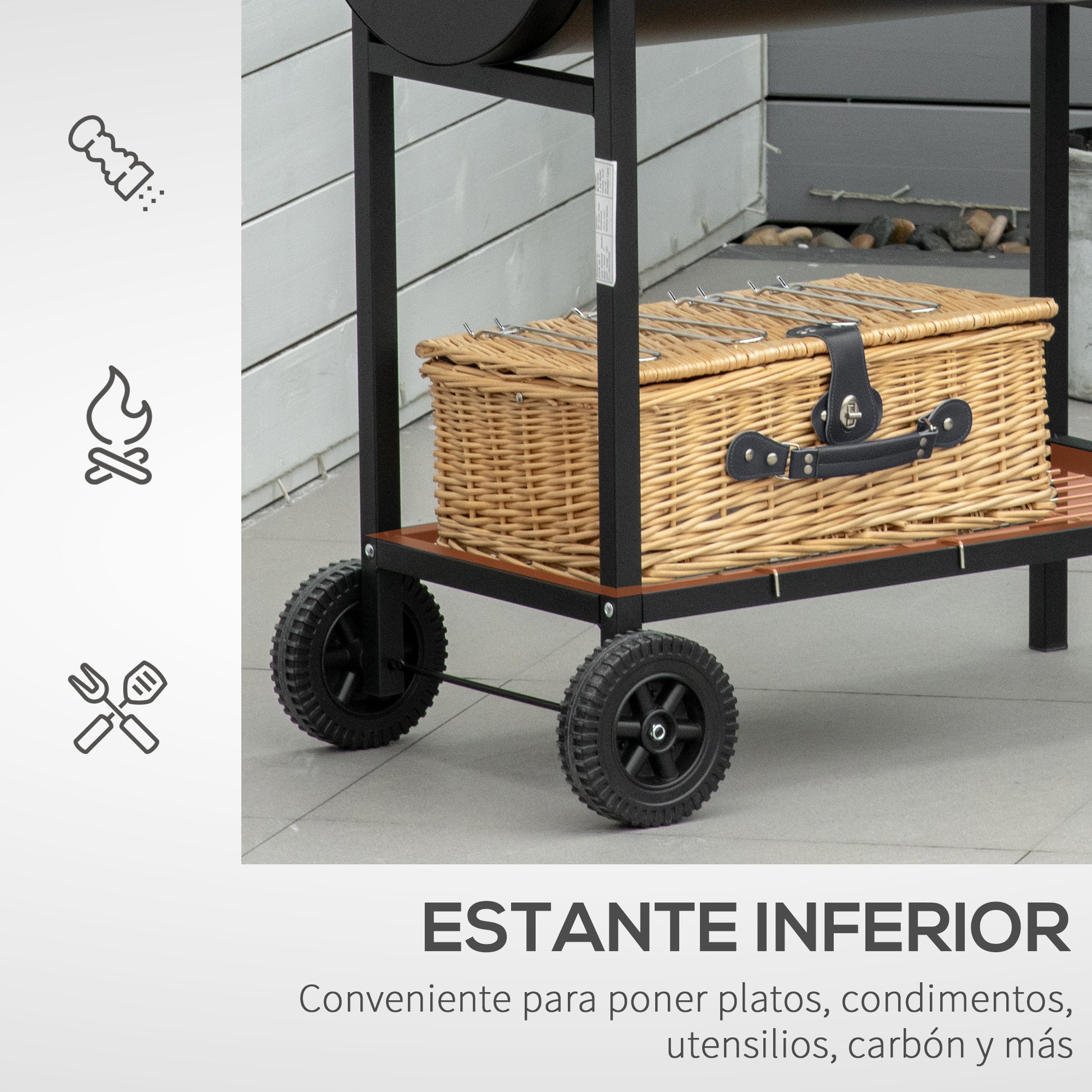 Charcoal BBQ with Adjustable Height Grill for Outdoor Portable BBQ with Storage Shelf and Wheels 90x45x96 cm Black