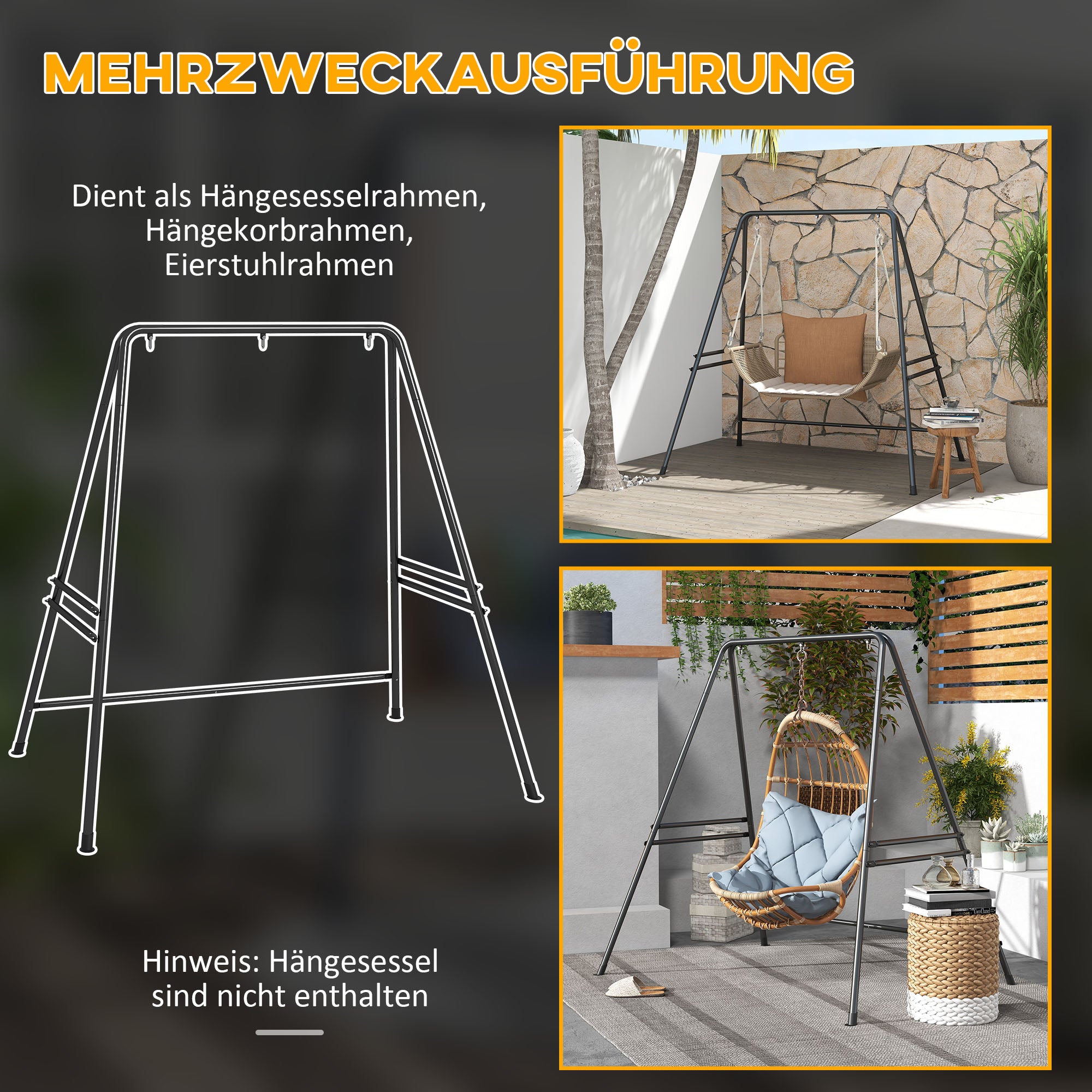 Hanging Chair Stand Hammock Stand made of Steel Stand for hanging chair max. 150 kg Load capacity for Indoor Outdoor Black 178 x 143 x 180 cm