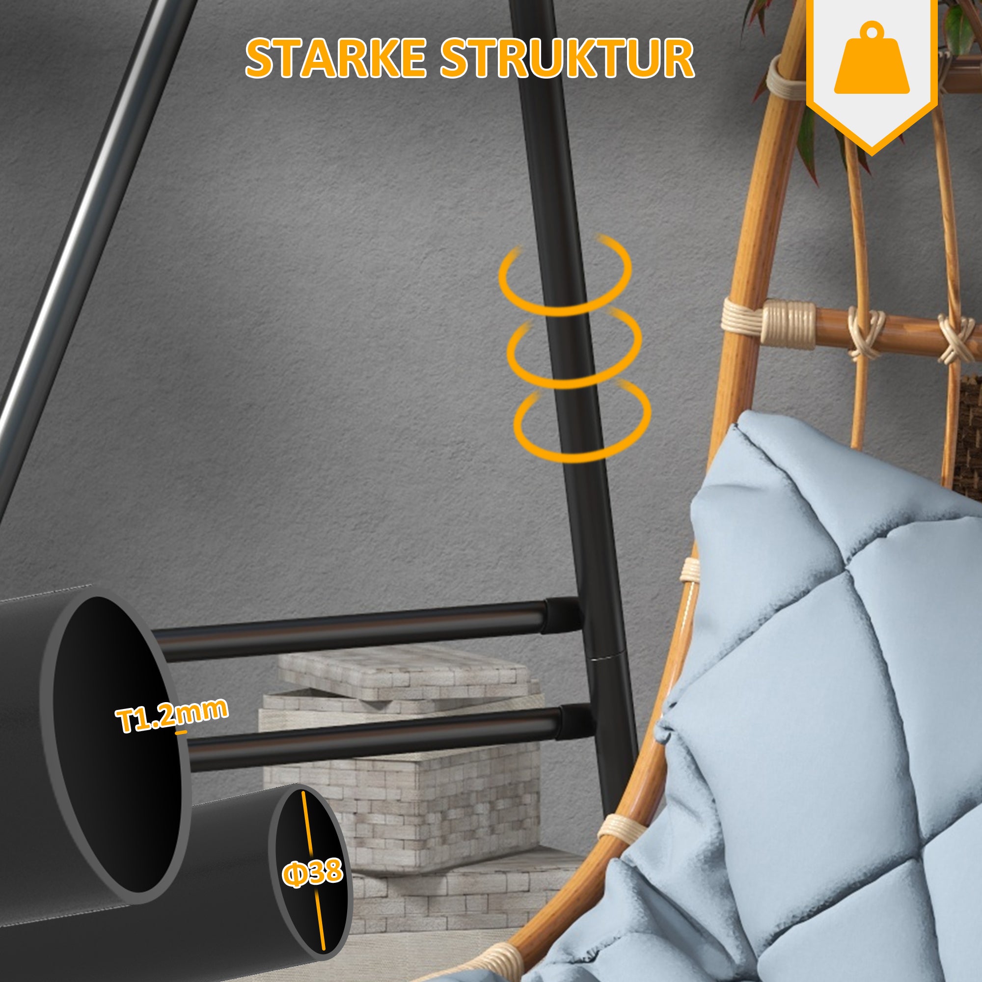 Hanging Chair Stand Hammock Stand made of Steel Stand for hanging chair max. 150 kg Load capacity for Indoor Outdoor Black 178 x 143 x 180 cm