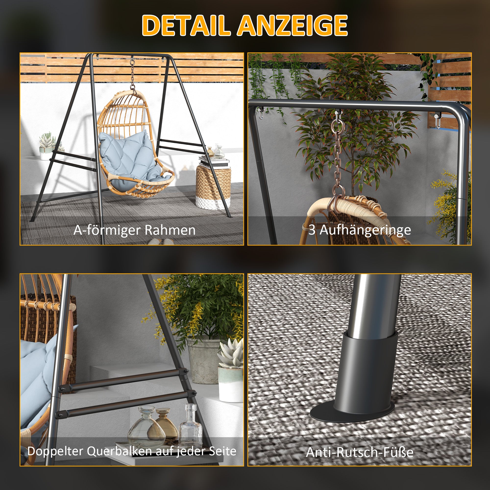 Hanging Chair Stand Hammock Stand made of Steel Stand for hanging chair max. 150 kg Load capacity for Indoor Outdoor Black 178 x 143 x 180 cm