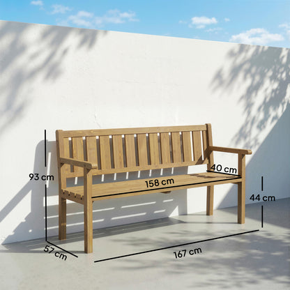3-Seater Outdoor Wooden Bench, Weather-Resistant with Backrest & Armrests, 794 lb Capacity, Garden/Balcony/Terrace Bench – 65.7 x 22.4 x 36.6 in (167 x 57 x 93 cm), Teak