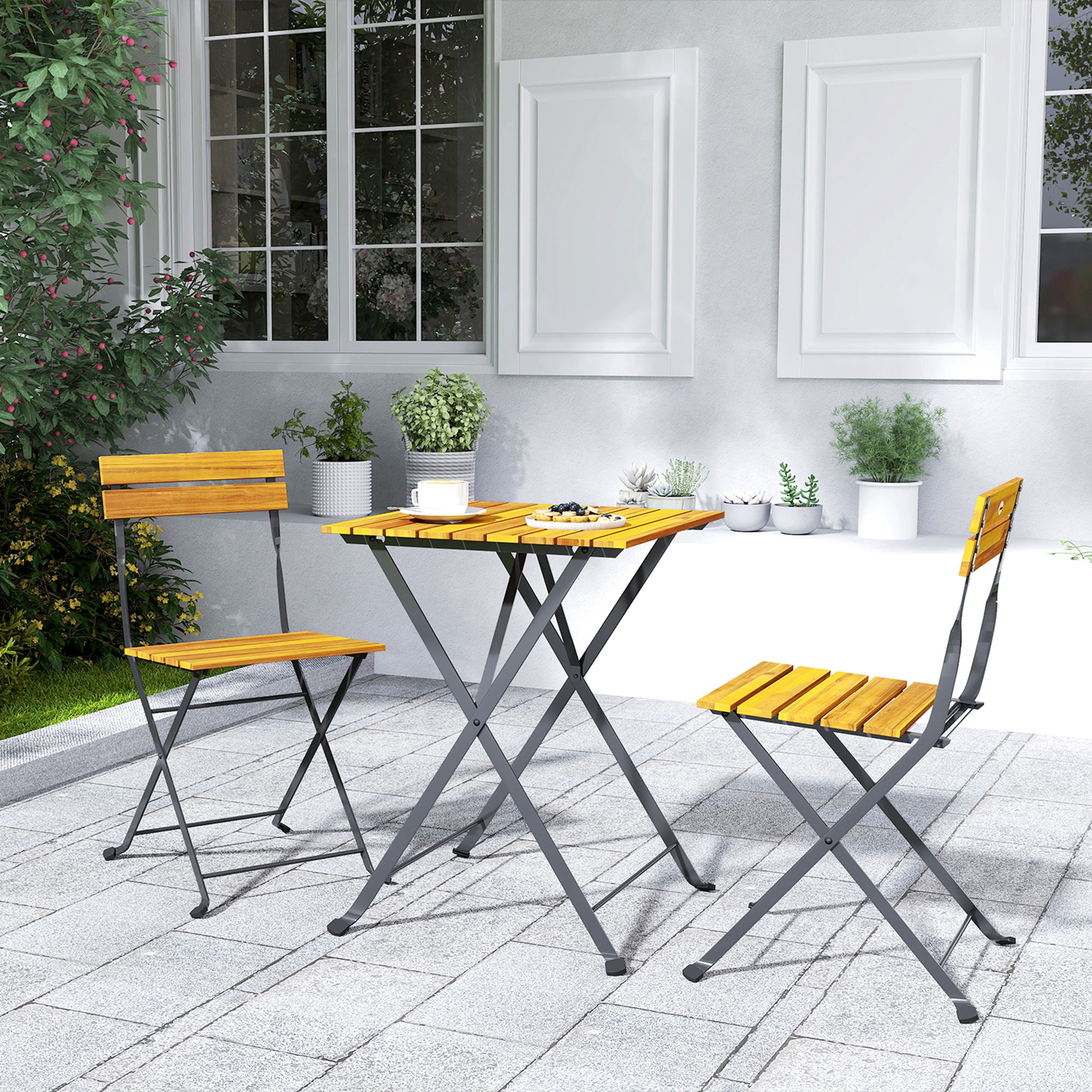 3-Piece Garden Bistro Set, Outdoor Garden Set for 2 with 2 Folding Chairs and Coffee Table in Acacia Wood and Steel, Patio Furniture, Balcony, Porch, Natural Wood Effect