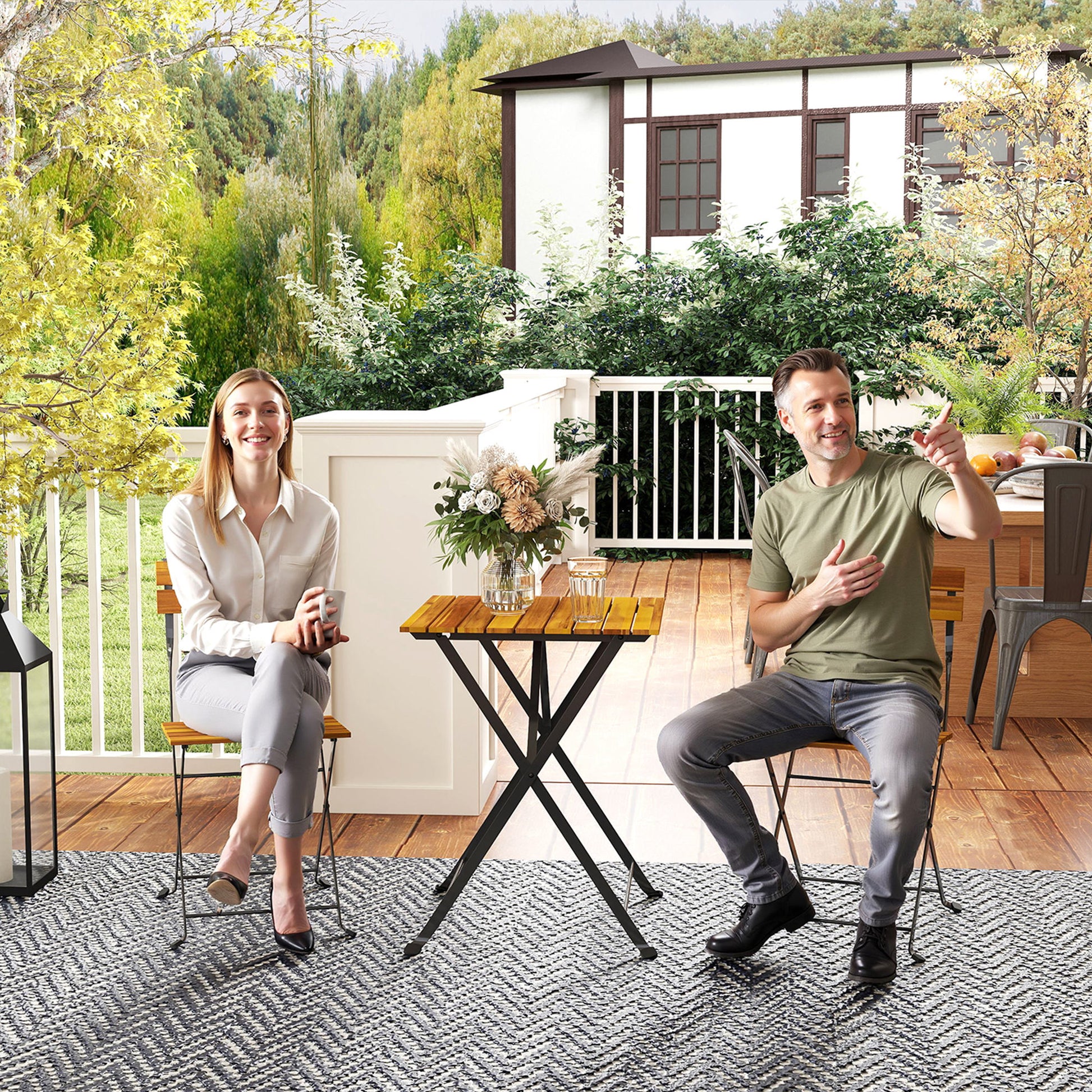 3-Piece Garden Bistro Set, Outdoor Garden Set for 2 with 2 Folding Chairs and Coffee Table in Acacia Wood and Steel, Patio Furniture, Balcony, Porch, Natural Wood Effect
