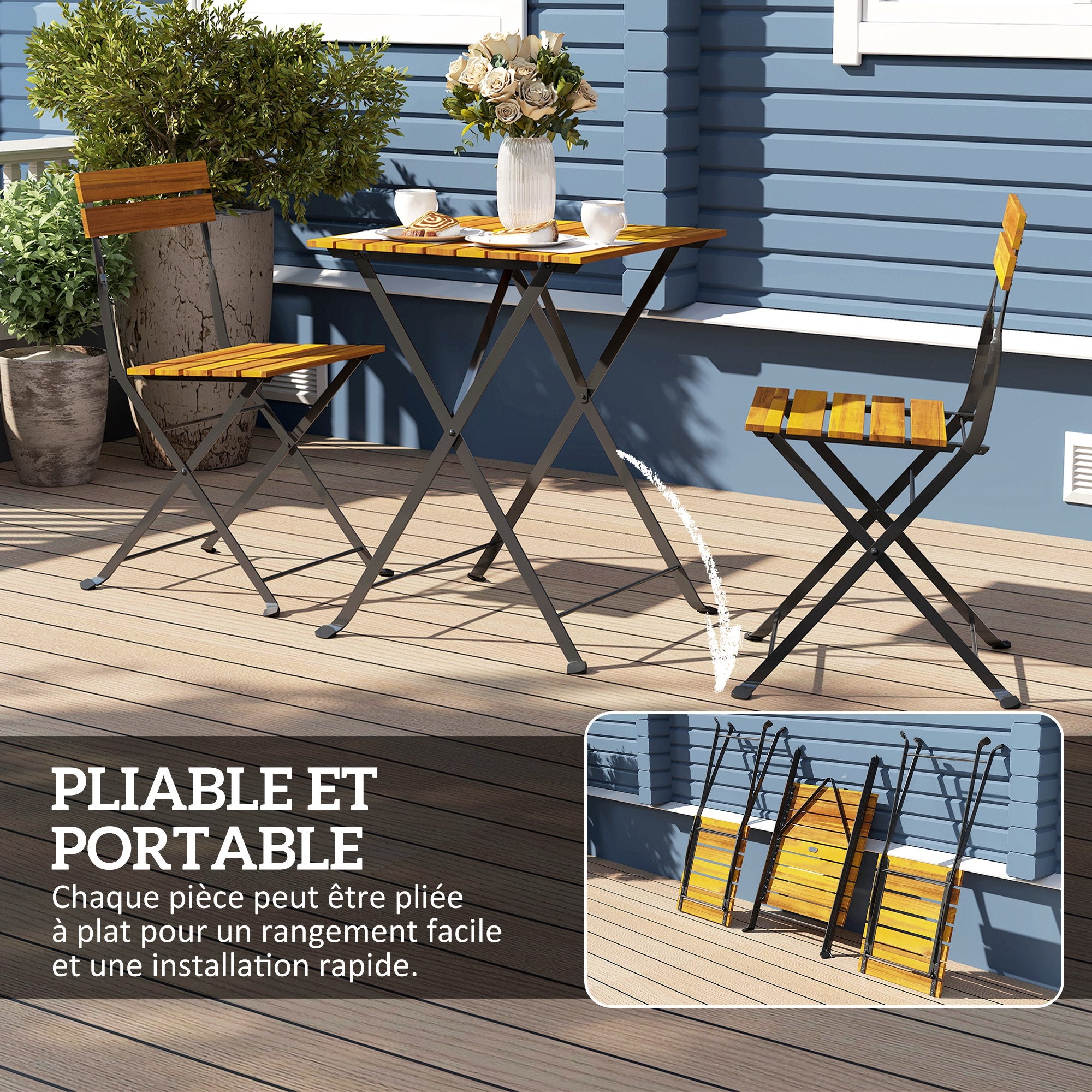 3-Piece Garden Bistro Set, Outdoor Garden Set for 2 with 2 Folding Chairs and Coffee Table in Acacia Wood and Steel, Patio Furniture, Balcony, Porch, Natural Wood Effect