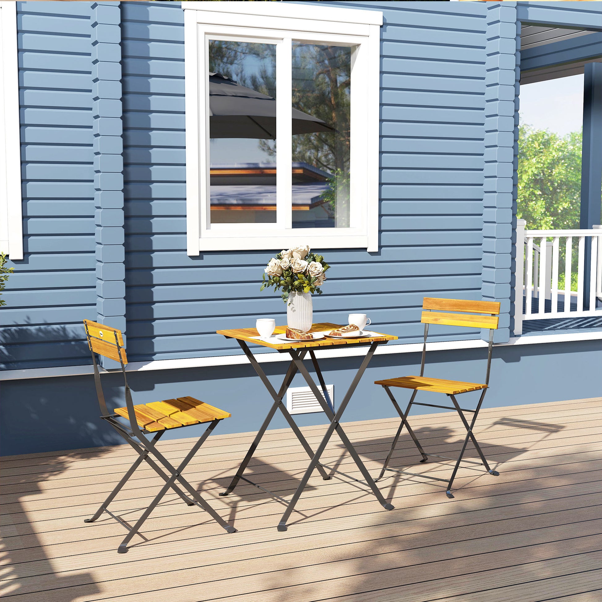 3-Piece Garden Bistro Set, Outdoor Garden Set for 2 with 2 Folding Chairs and Coffee Table in Acacia Wood and Steel, Patio Furniture, Balcony, Porch, Natural Wood Effect