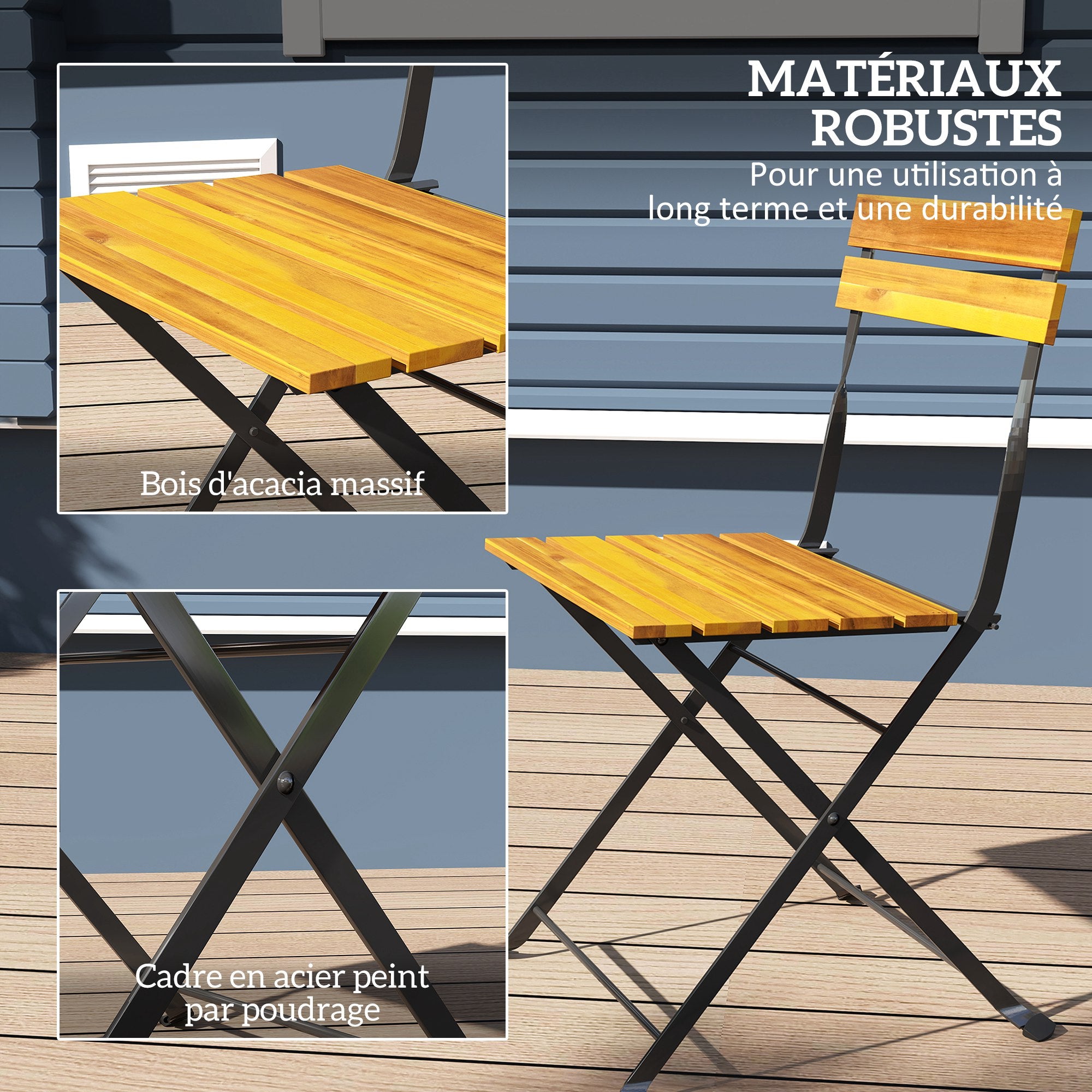 3-Piece Garden Bistro Set, Outdoor Garden Set for 2 with 2 Folding Chairs and Coffee Table in Acacia Wood and Steel, Patio Furniture, Balcony, Porch, Natural Wood Effect