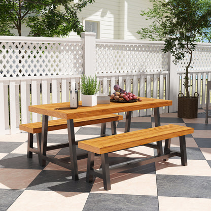 3-Piece Wooden Dining Set for 4 People in Lattice Design Dining Table with 2 Benches Dining Group with Wooden Table Kitchen Table Set Patio Furniture Garden Furniture for Terrace, Balcony Teak