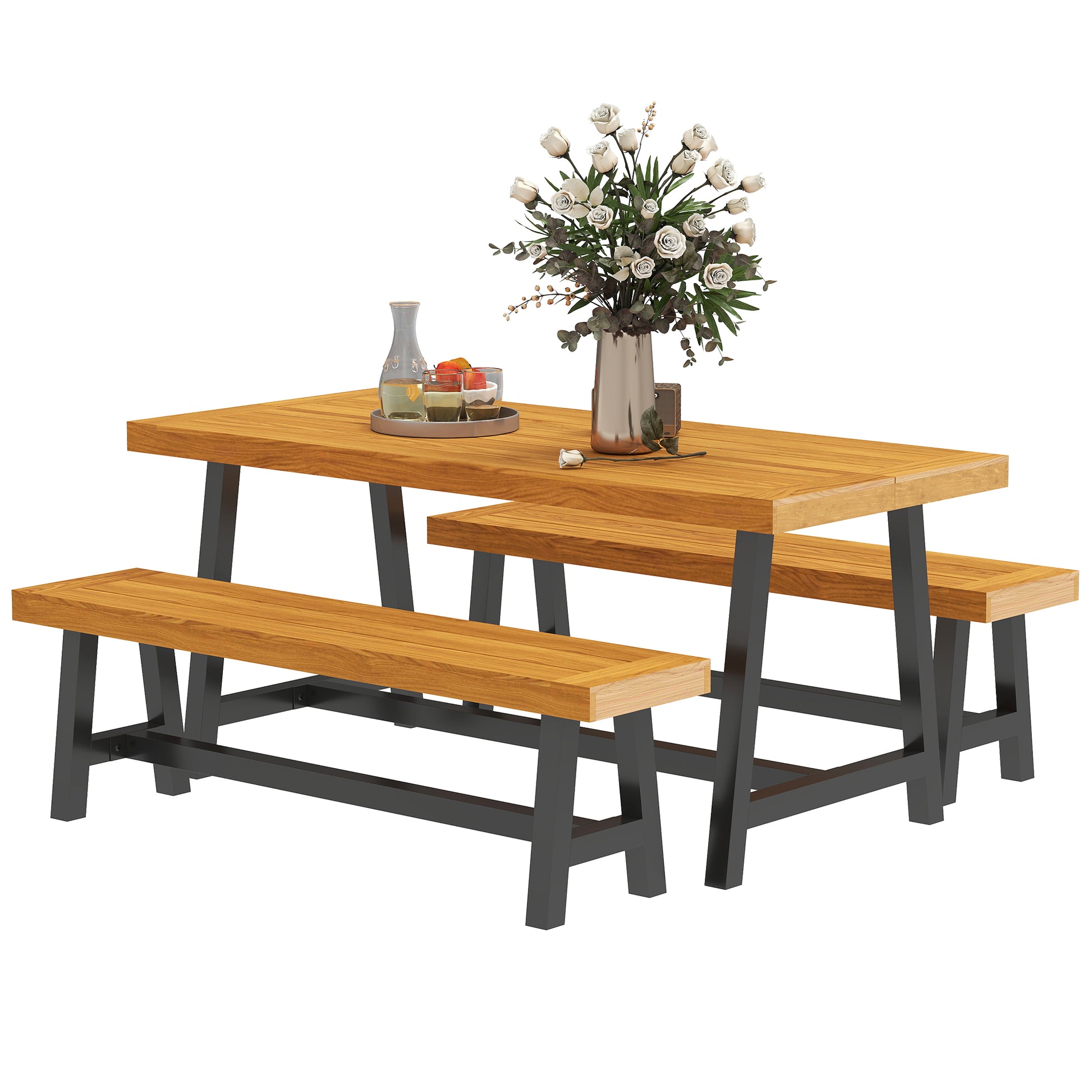 3-Piece Wooden Dining Set for 4 People in Lattice Design Dining Table with 2 Benches Dining Group with Wooden Table Kitchen Table Set Patio Furniture Garden Furniture for Terrace, Balcony Teak