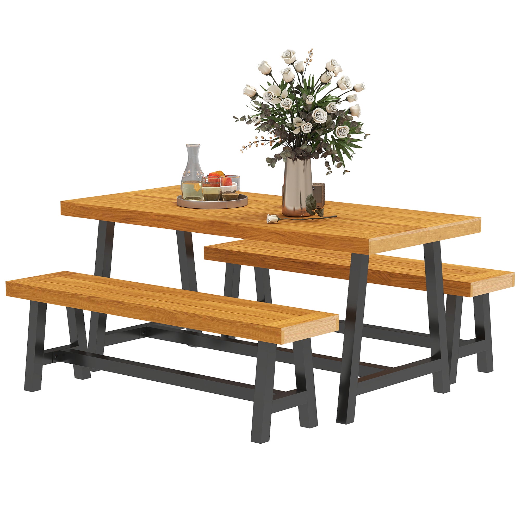 3-Piece Wooden Dining Set for 4 People in Lattice Design Dining Table with 2 Benches Dining Group with Wooden Table Kitchen Table Set Patio Furniture Garden Furniture for Terrace, Balcony Teak