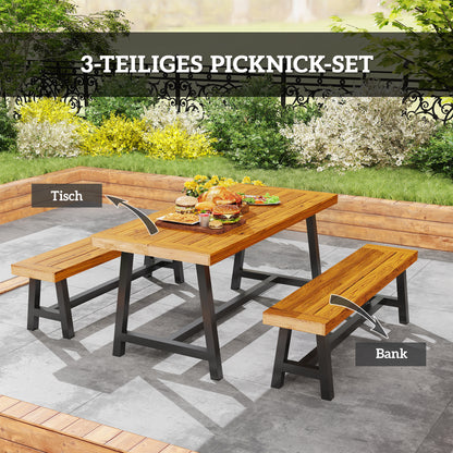 3-Piece Wooden Dining Set for 4 People in Lattice Design Dining Table with 2 Benches Dining Group with Wooden Table Kitchen Table Set Patio Furniture Garden Furniture for Terrace, Balcony Teak