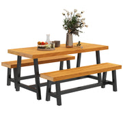 3-Piece Wooden Dining Set for 4 People in Lattice Design Dining Table with 2 Benches Dining Group with Wooden Table Kitchen Table Set Patio Furniture Garden Furniture for Terrace, Balcony Teak