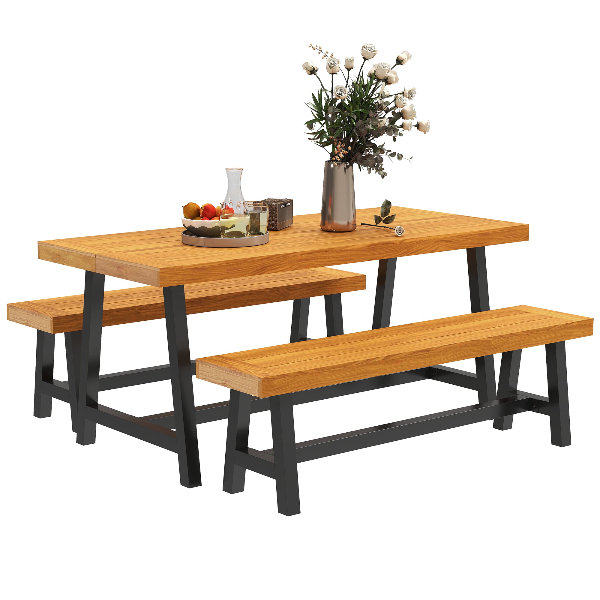 3-Piece Wooden Dining Set for 4 People in Lattice Design Dining Table with 2 Benches Dining Group with Wooden Table Kitchen Table Set Patio Furniture Garden Furniture for Terrace, Balcony Teak