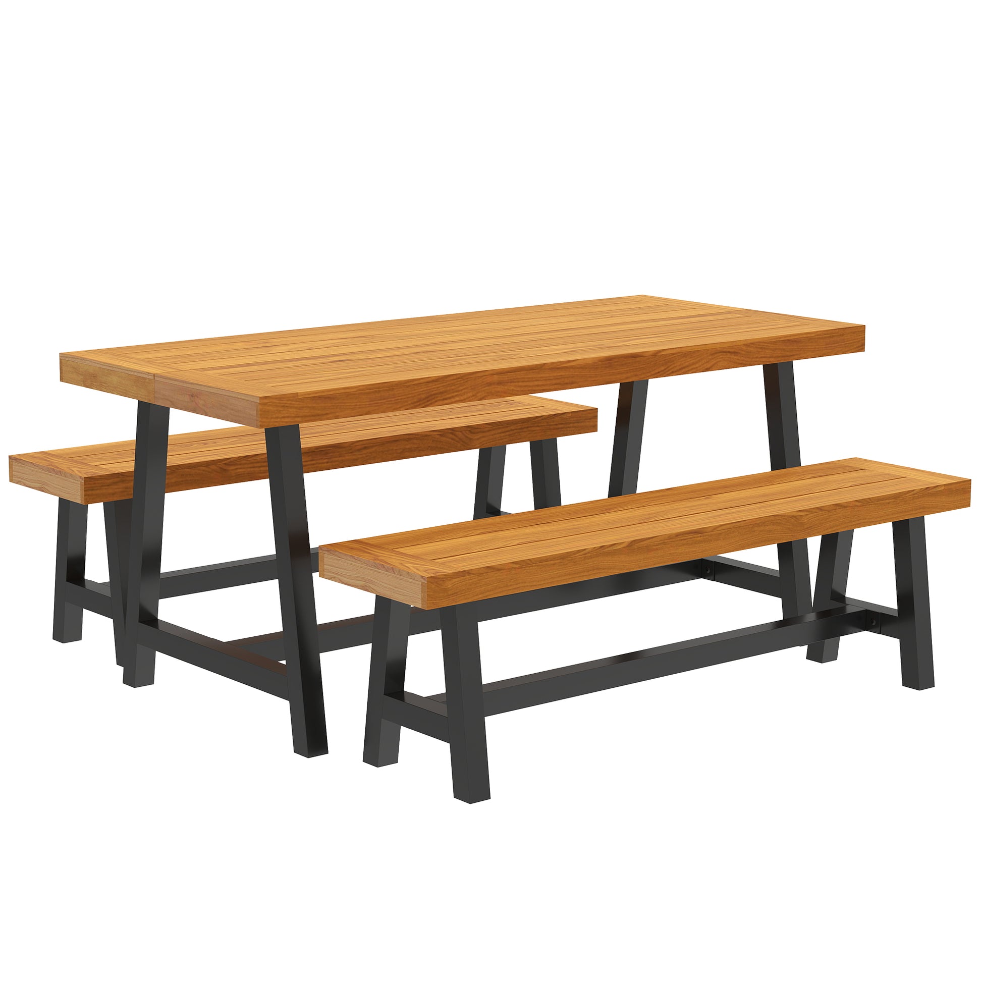 3-Piece Wooden Dining Set for 4 People in Lattice Design Dining Table with 2 Benches Dining Group with Wooden Table Kitchen Table Set Patio Furniture Garden Furniture for Terrace, Balcony Teak