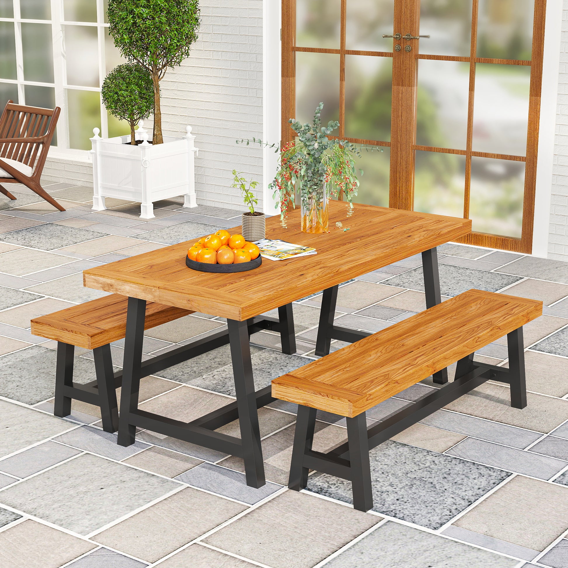 3-Piece Wooden Dining Set for 4 People in Lattice Design Dining Table with 2 Benches Dining Group with Wooden Table Kitchen Table Set Patio Furniture Garden Furniture for Terrace, Balcony Teak