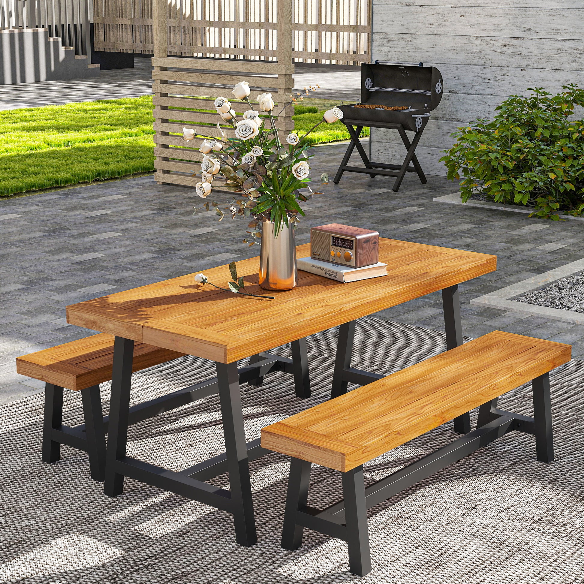 3-Piece Wooden Dining Set for 4 People in Lattice Design Dining Table with 2 Benches Dining Group with Wooden Table Kitchen Table Set Patio Furniture Garden Furniture for Terrace, Balcony Teak