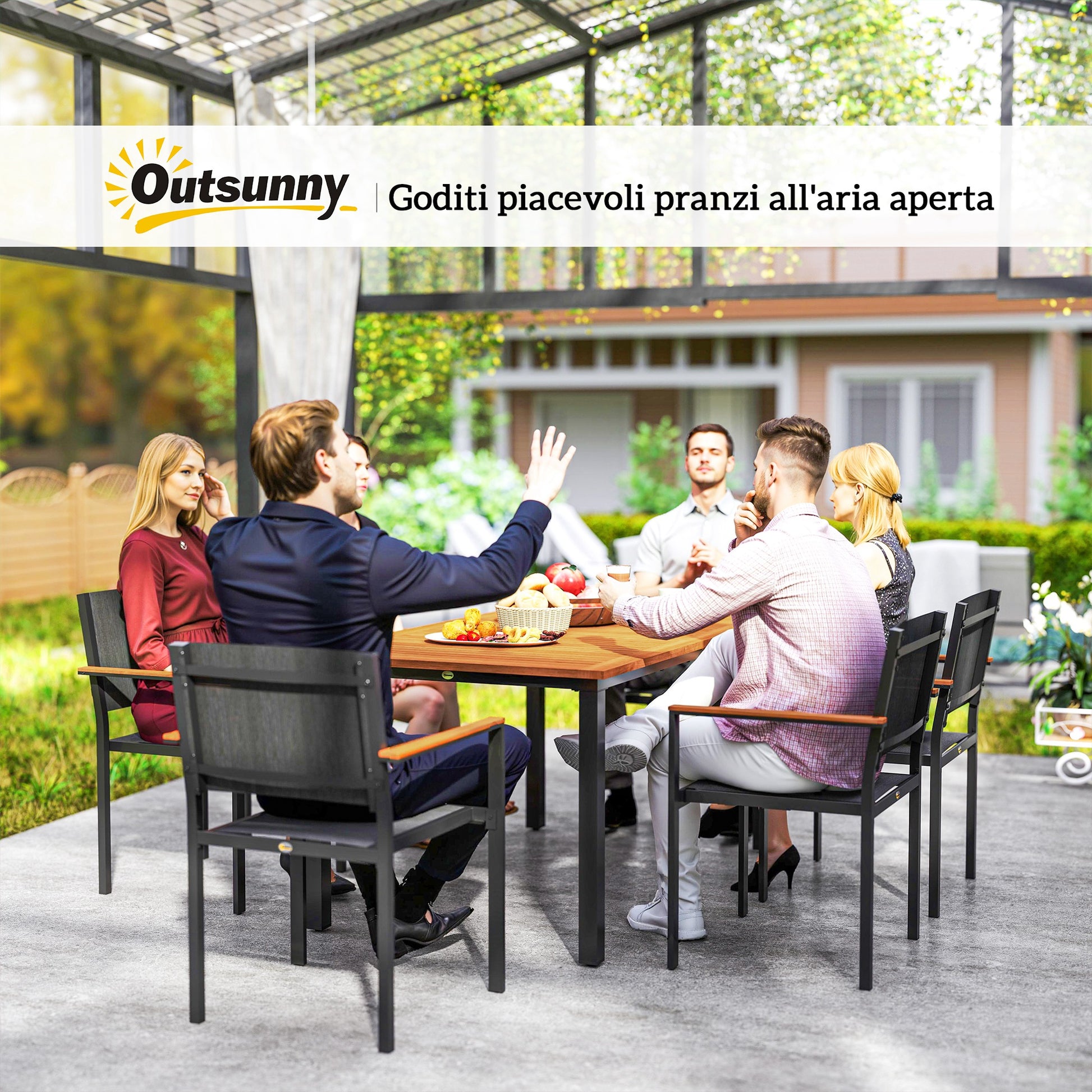 7-Piece Outdoor Dining Set with Table and 6 Stackable Chairs, Steel, Acacia Wood and Textilene Furniture Set for Terrace, Teak Color
