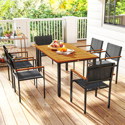 7-Piece Outdoor Dining Set with Table and 6 Stackable Chairs, Steel, Acacia Wood and Textilene Furniture Set for Terrace, Teak Color