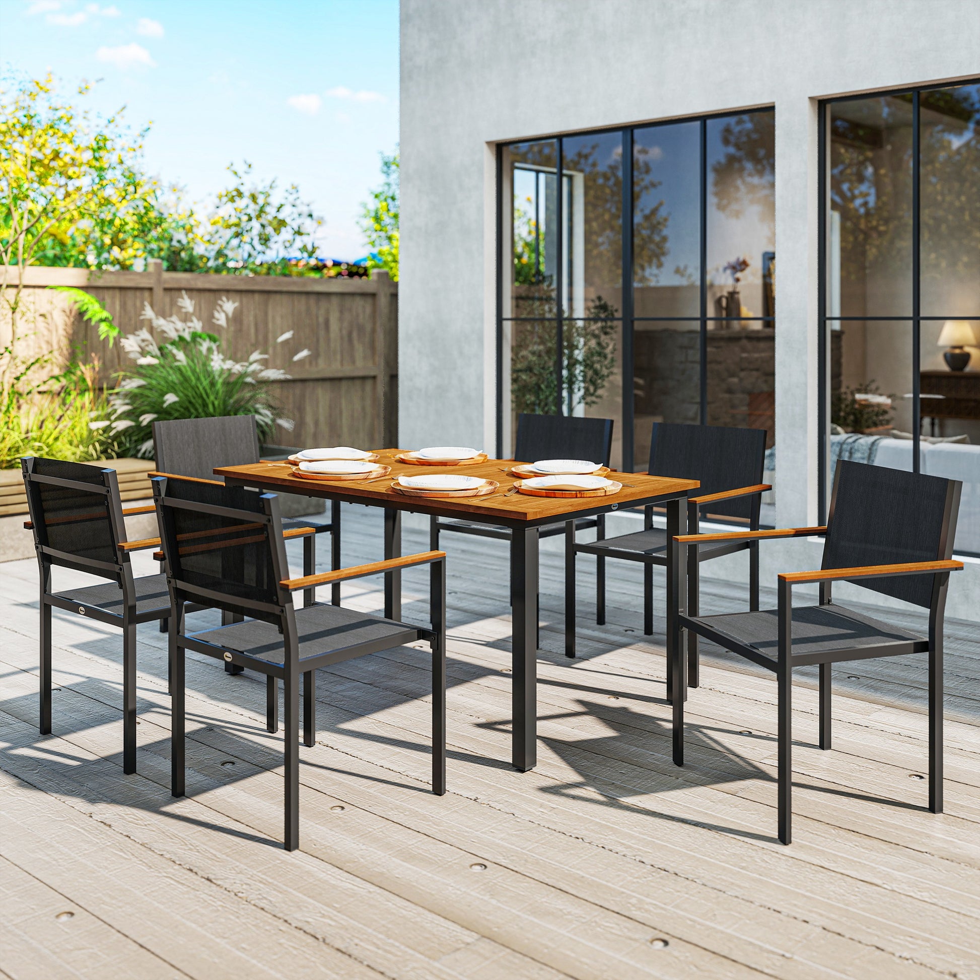 7-Piece Outdoor Dining Set with Table and 6 Stackable Chairs, Steel, Acacia Wood and Textilene Furniture Set for Terrace, Teak Color