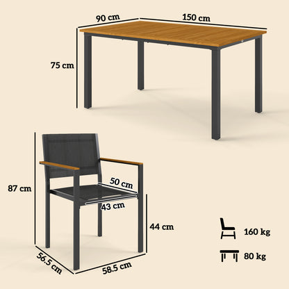 7-Piece Outdoor Dining Set with Table and 6 Stackable Chairs, Steel, Acacia Wood and Textilene Furniture Set for Terrace, Teak Color