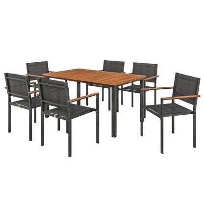 7-Piece Outdoor Dining Set with Table and 6 Stackable Chairs, Steel, Acacia Wood and Textilene Furniture Set for Terrace, Teak Color