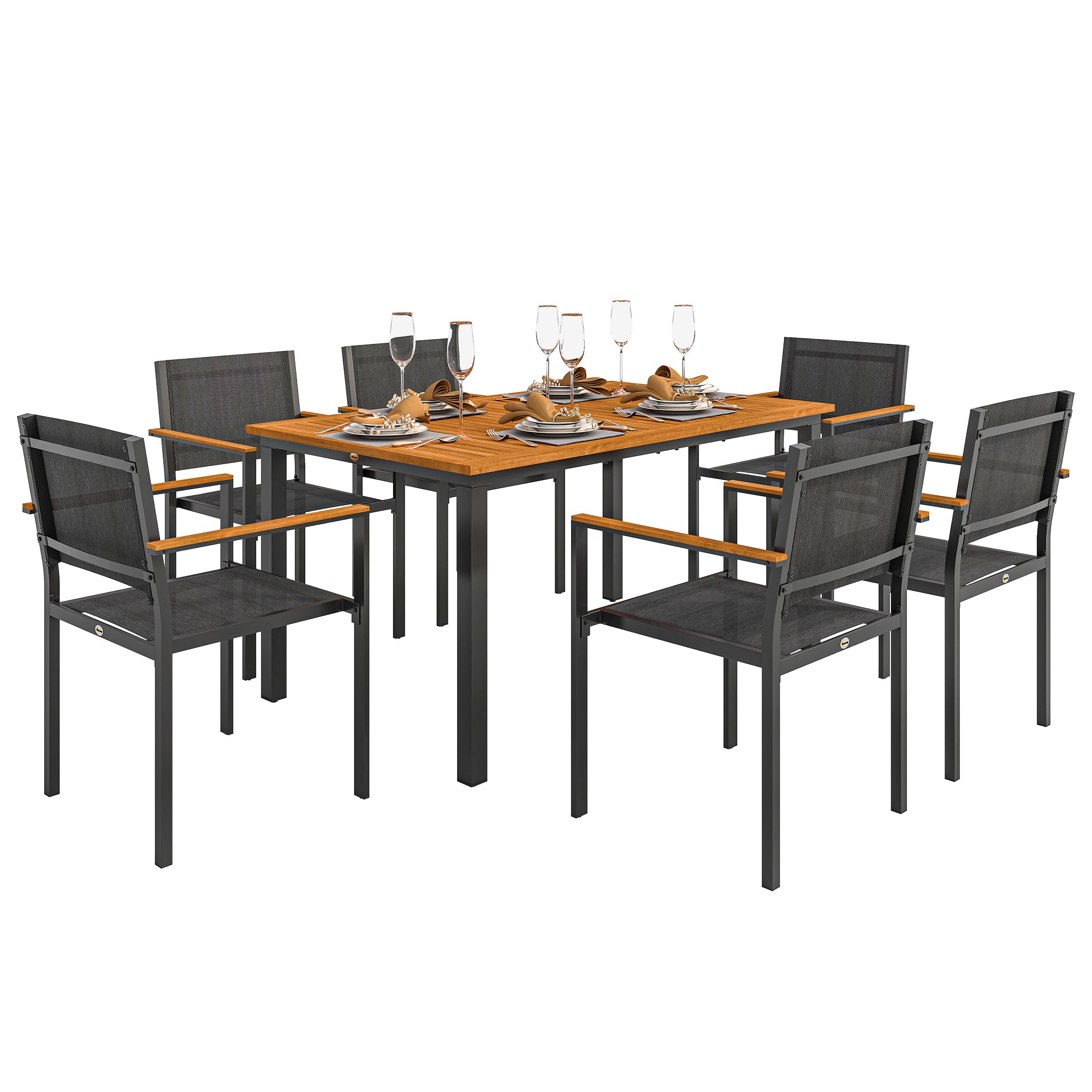 7-Piece Outdoor Dining Set with Table and 6 Stackable Chairs, Steel, Acacia Wood and Textilene Furniture Set for Terrace, Teak Color
