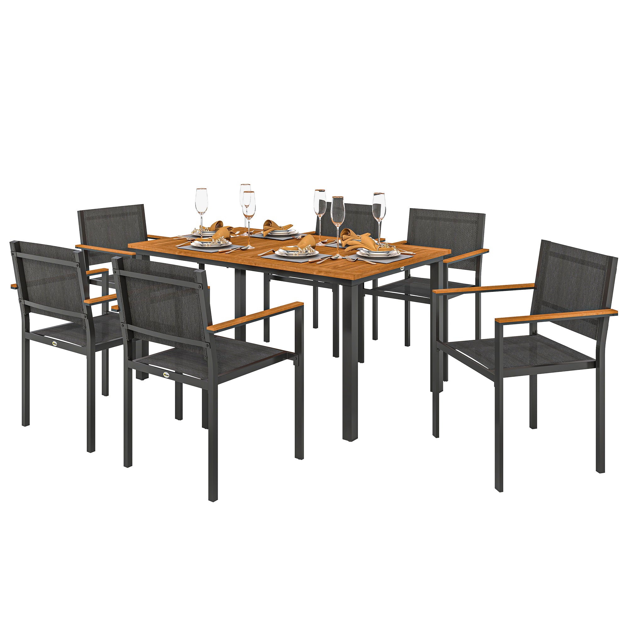 7-Piece Outdoor Dining Set with Table and 6 Stackable Chairs, Steel, Acacia Wood and Textilene Furniture Set for Terrace, Teak Color