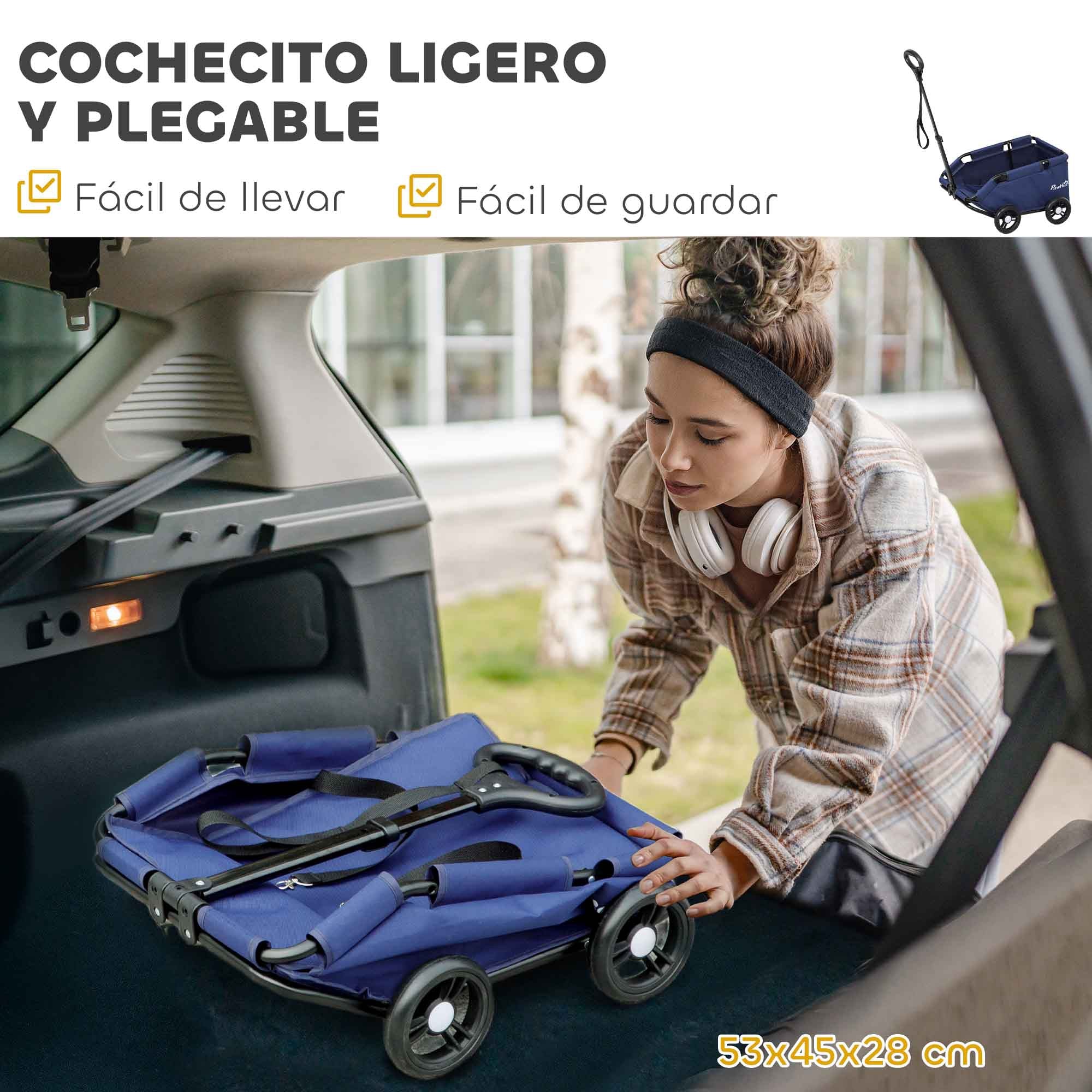 Dog Stroller Foldable Pet Stroller Mini Doggie Stroller with Adjustable Push Bar Open Design Cushion Storage Bag and Wheels 53x45x28 cm Dark Blue