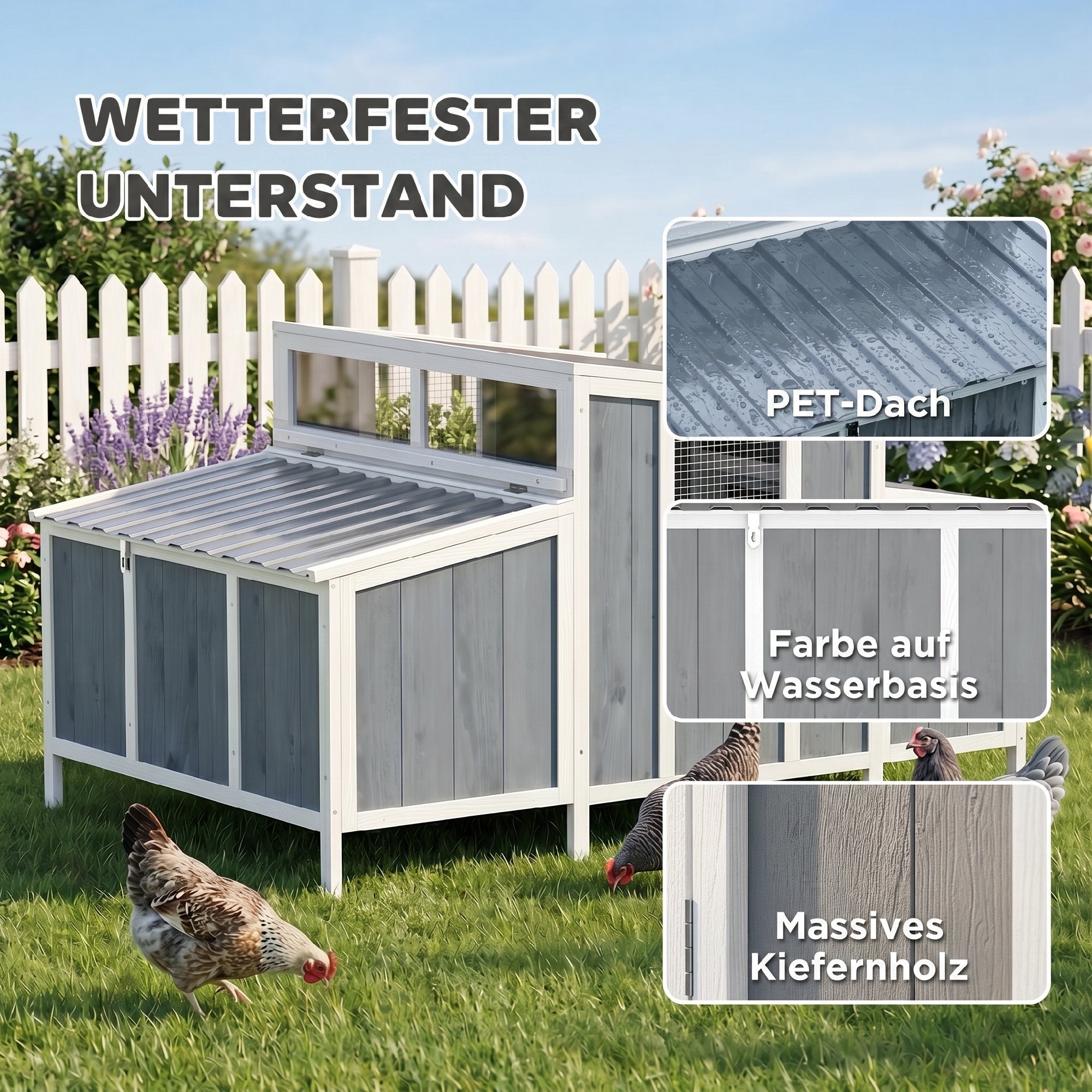 Wooden Chicken Coop with Run, 57.1 x 35.4 x 36.2 in — Elevated Weatherproof PET Roof, Lockable Doors, Nesting Box & Roosts for 3–4 Hens, Gray