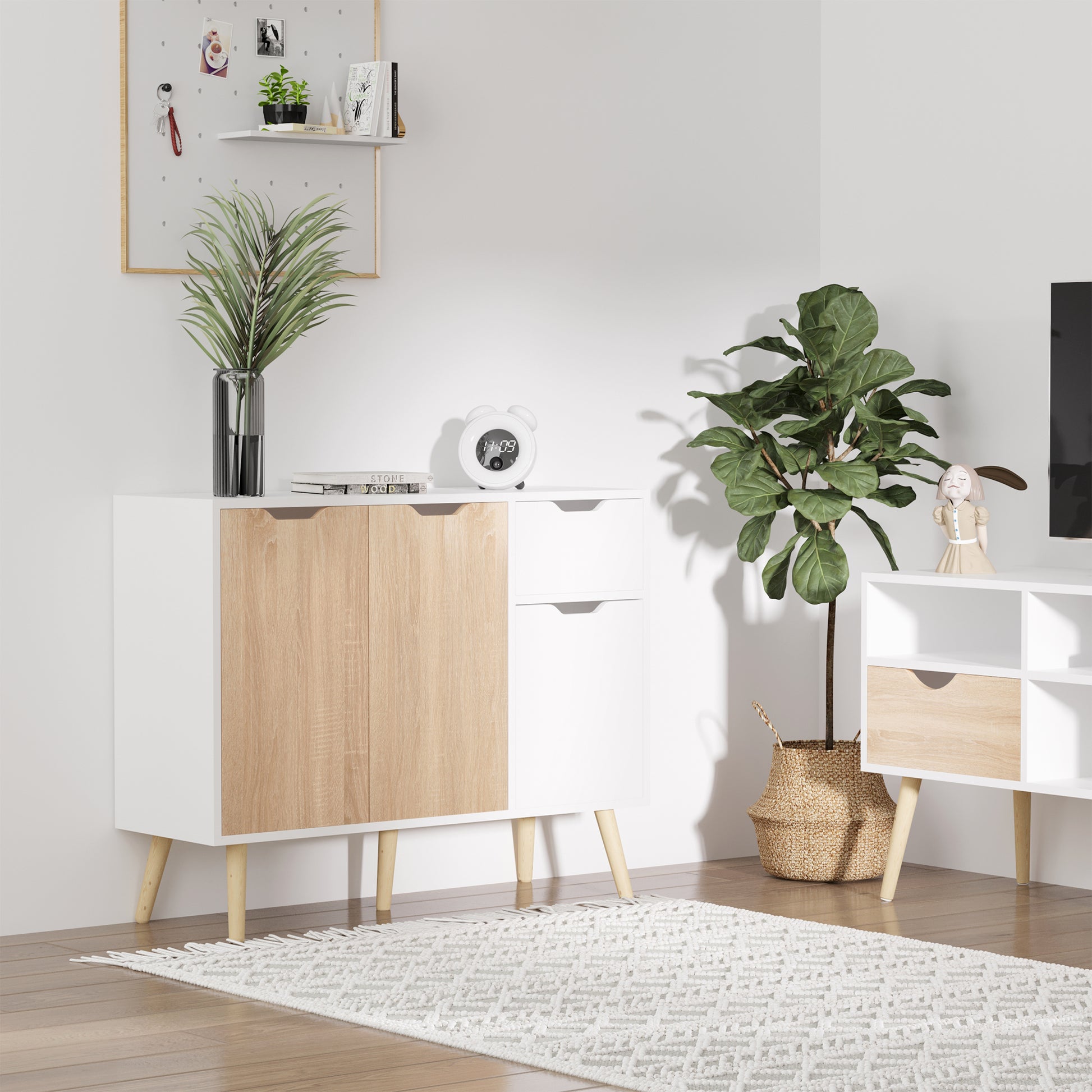 Modern Sideboard with 3 Doors and Drawer 35.4x11.8x28.3 inches White and Natural Wood