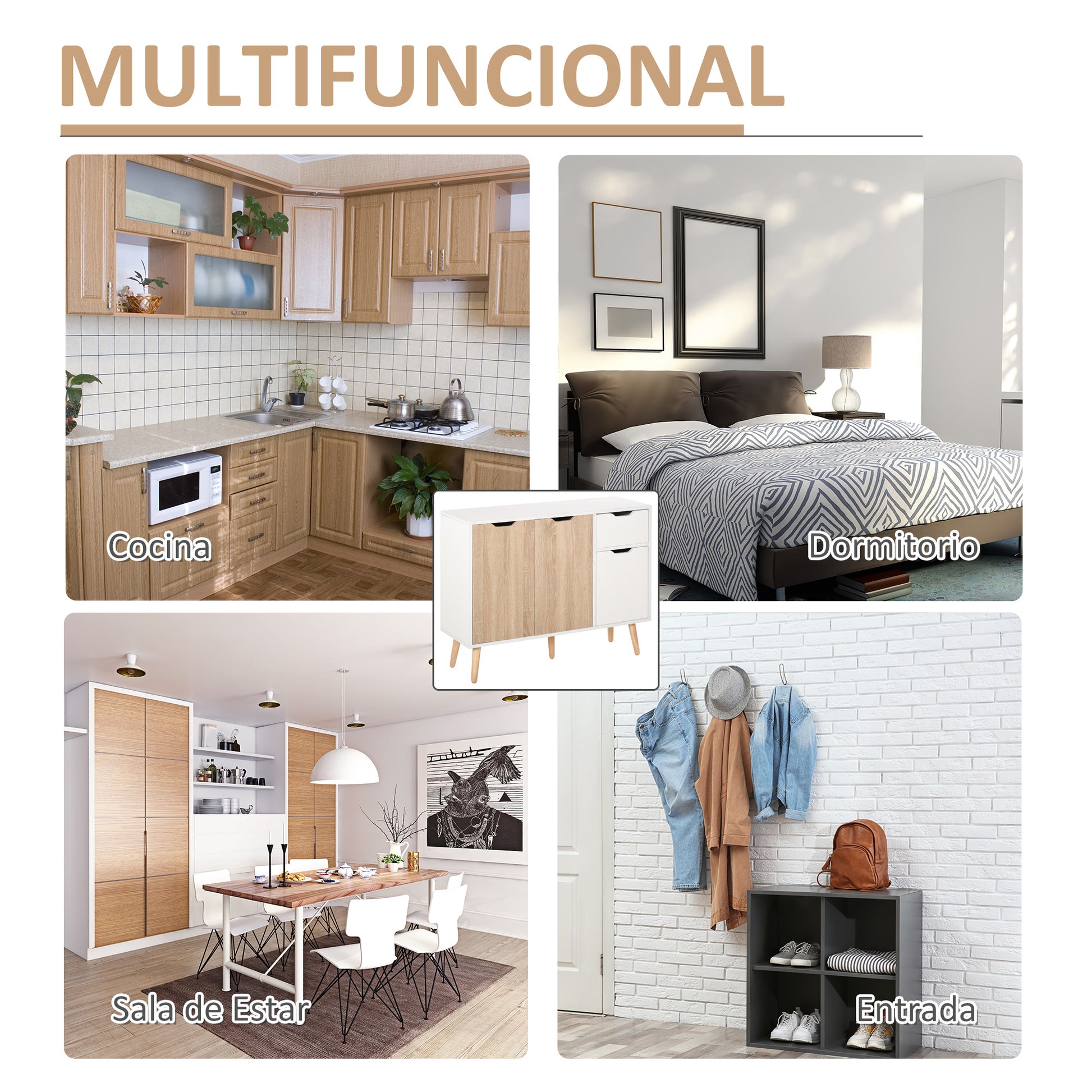 Modern Sideboard with 3 Doors and Drawer 35.4x11.8x28.3 inches White and Natural Wood