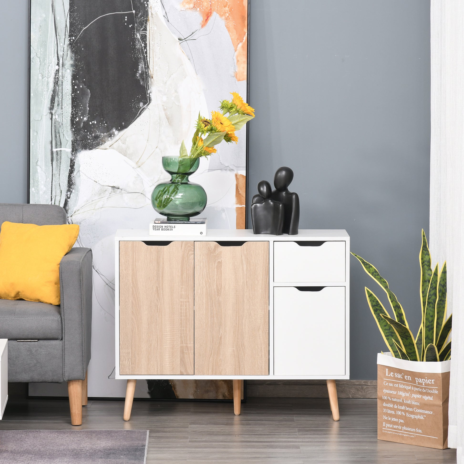 Modern Sideboard with 3 Doors and Drawer 35.4x11.8x28.3 inches White and Natural Wood